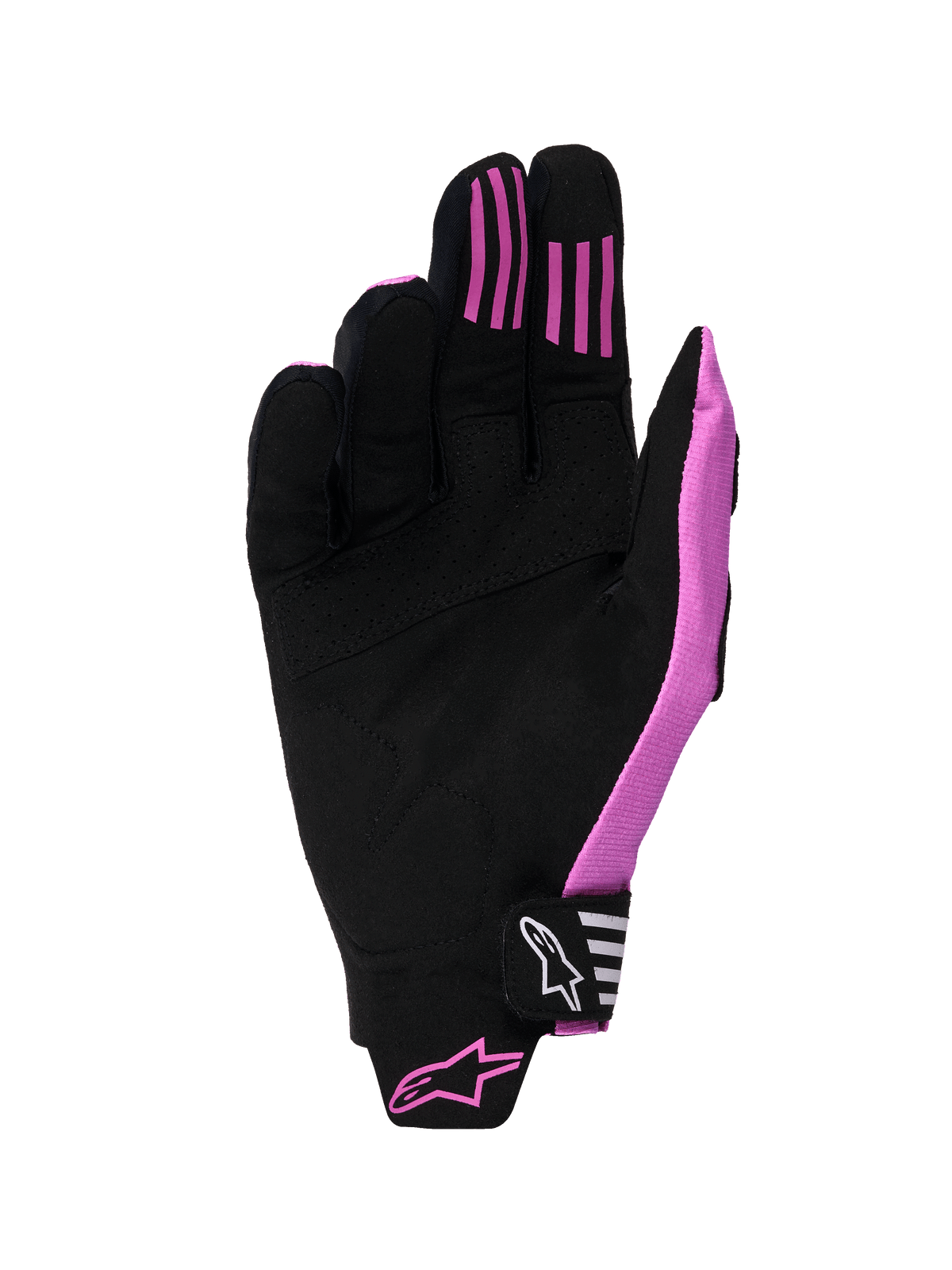 Alpinestars 2026 Techstar Gloves, rękawice motocrossowe, czarno-fioletowe, widok od strony dłoni, konstrukcja z syntetycznego zamszu, silikonowe paski przyczepne na palcach, formowany pasek zapięcia na rzep z logo