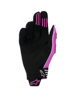 Alpinestars 2026 Techstar Gloves, rękawice motocrossowe, czarno-fioletowe, widok od strony dłoni, konstrukcja z syntetycznego zamszu, silikonowe paski przyczepne na palcach, formowany pasek zapięcia na rzep z logo
