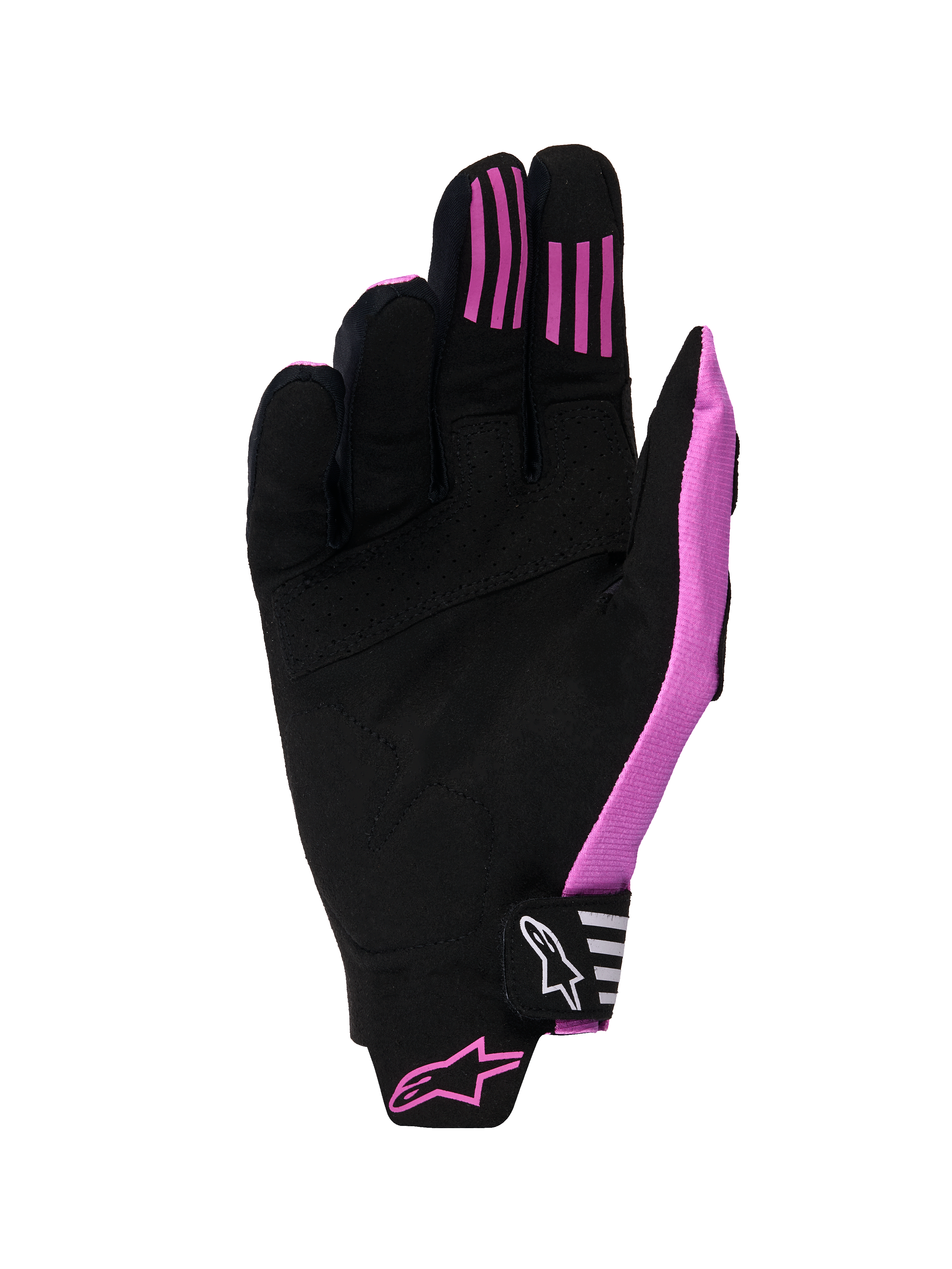 Alpinestars 2026 Techstar Gloves, rękawice motocrossowe, czarno-fioletowe, widok od strony dłoni, konstrukcja z syntetycznego zamszu, silikonowe paski przyczepne na palcach, formowany pasek zapięcia na rzep z logo