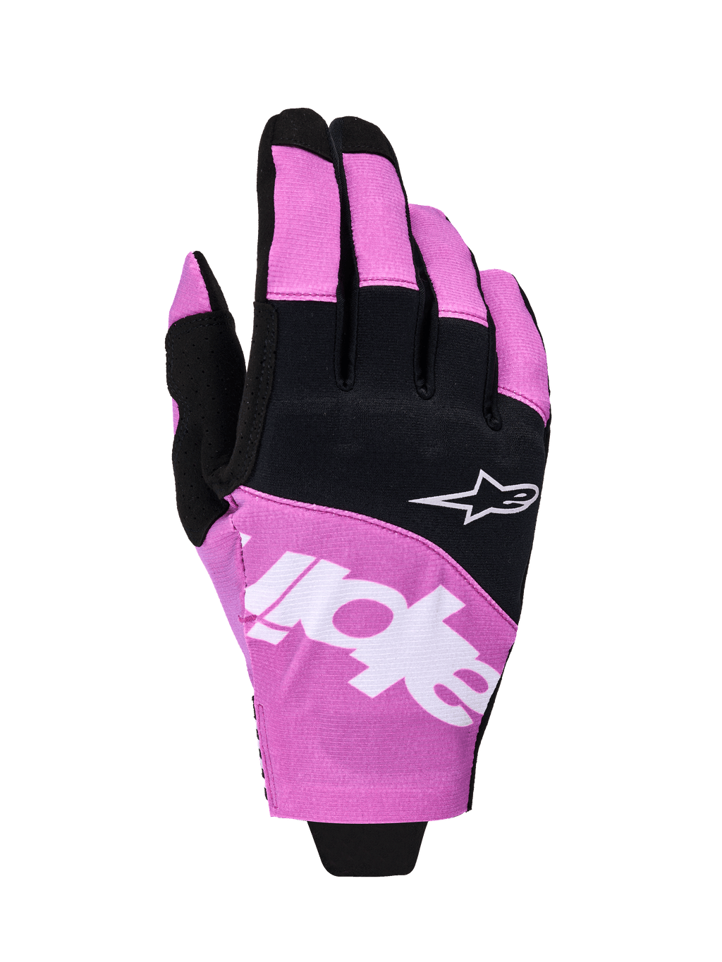 Alpinestars Techstar Gloves 2026, rękawice motocrossowe, czarno-fioletowe, widok z wierzchu dłoni z białym logo Astar i brandingiem, elastyczna konstrukcja mikro ripstop, wyczynowa ochrona dłoni off-road