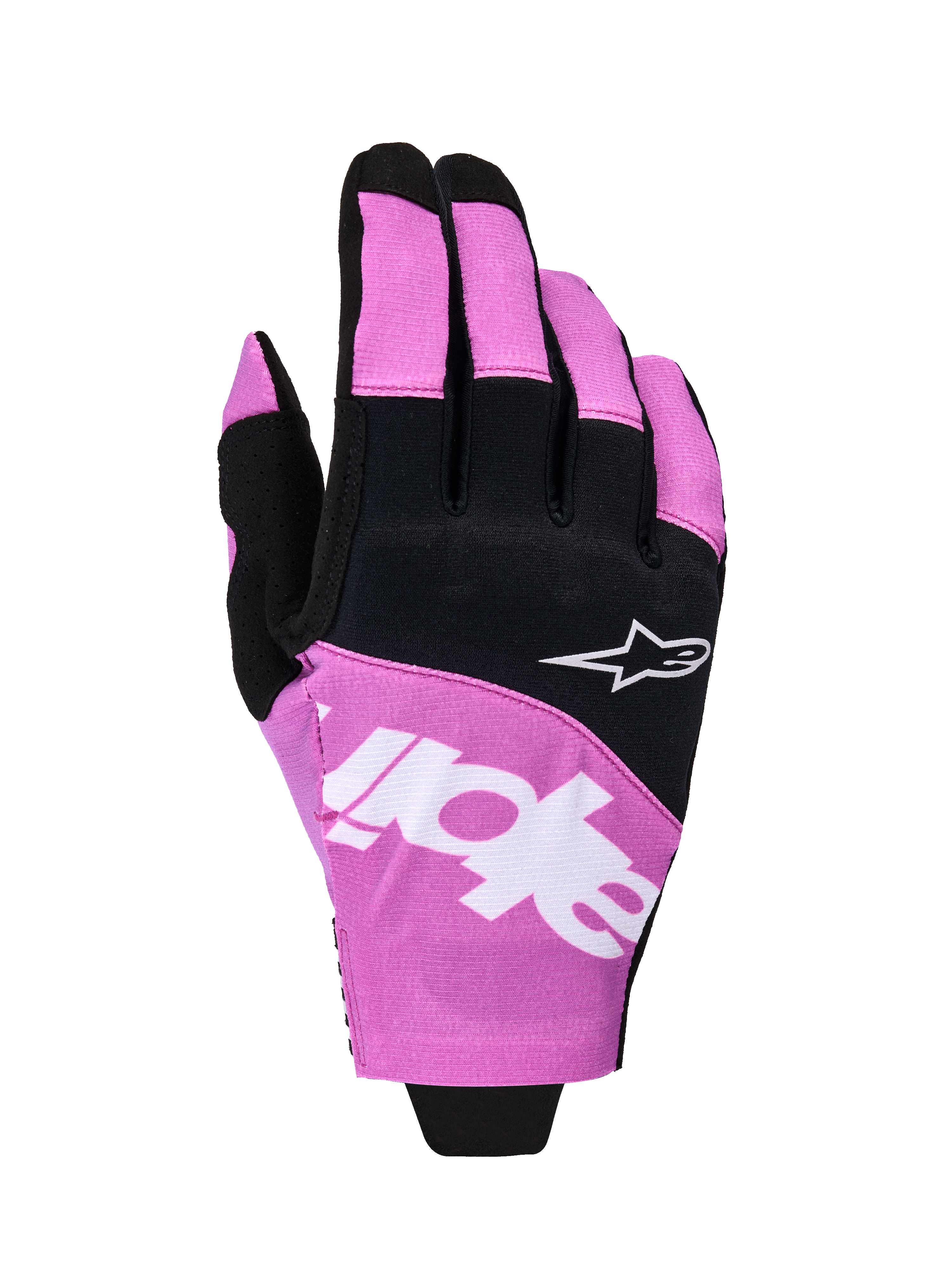 Alpinestars Techstar Gloves 2026, rękawice motocrossowe, czarno-fioletowe, widok z wierzchu dłoni z białym logo Astar i brandingiem, elastyczna konstrukcja mikro ripstop, wyczynowa ochrona dłoni off-road