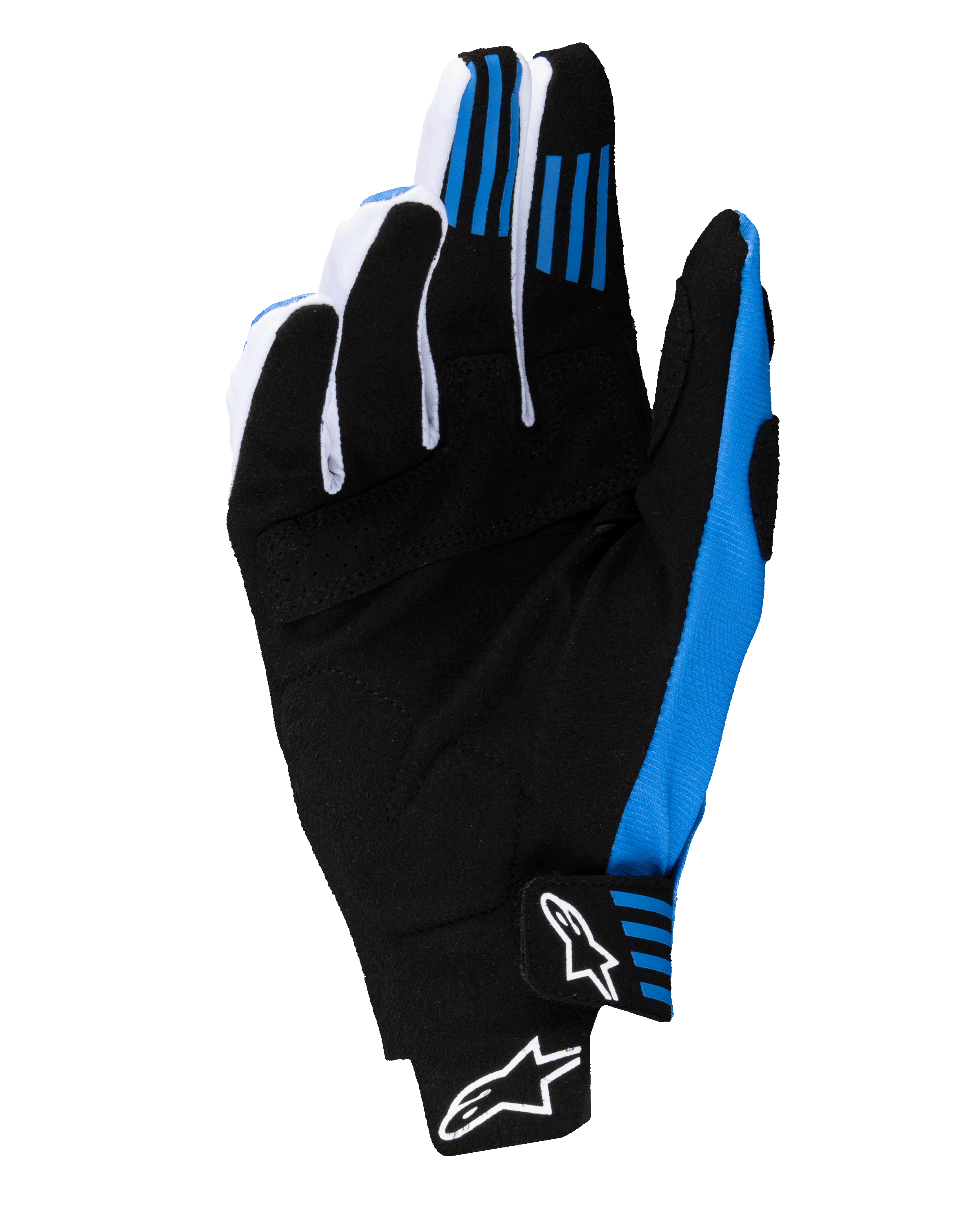 Alpinestars 2025 Techstar Gloves, rękawice motocrossowe, czarno-niebieskie, widok od strony dłoni przedstawiający wzmocnioną konstrukcję z syntetycznego zamszu, niebieskie silikonowe uchwyty na palcach oraz bezszwowe zapięcie nadgarstka z białymi logotypami Astars.