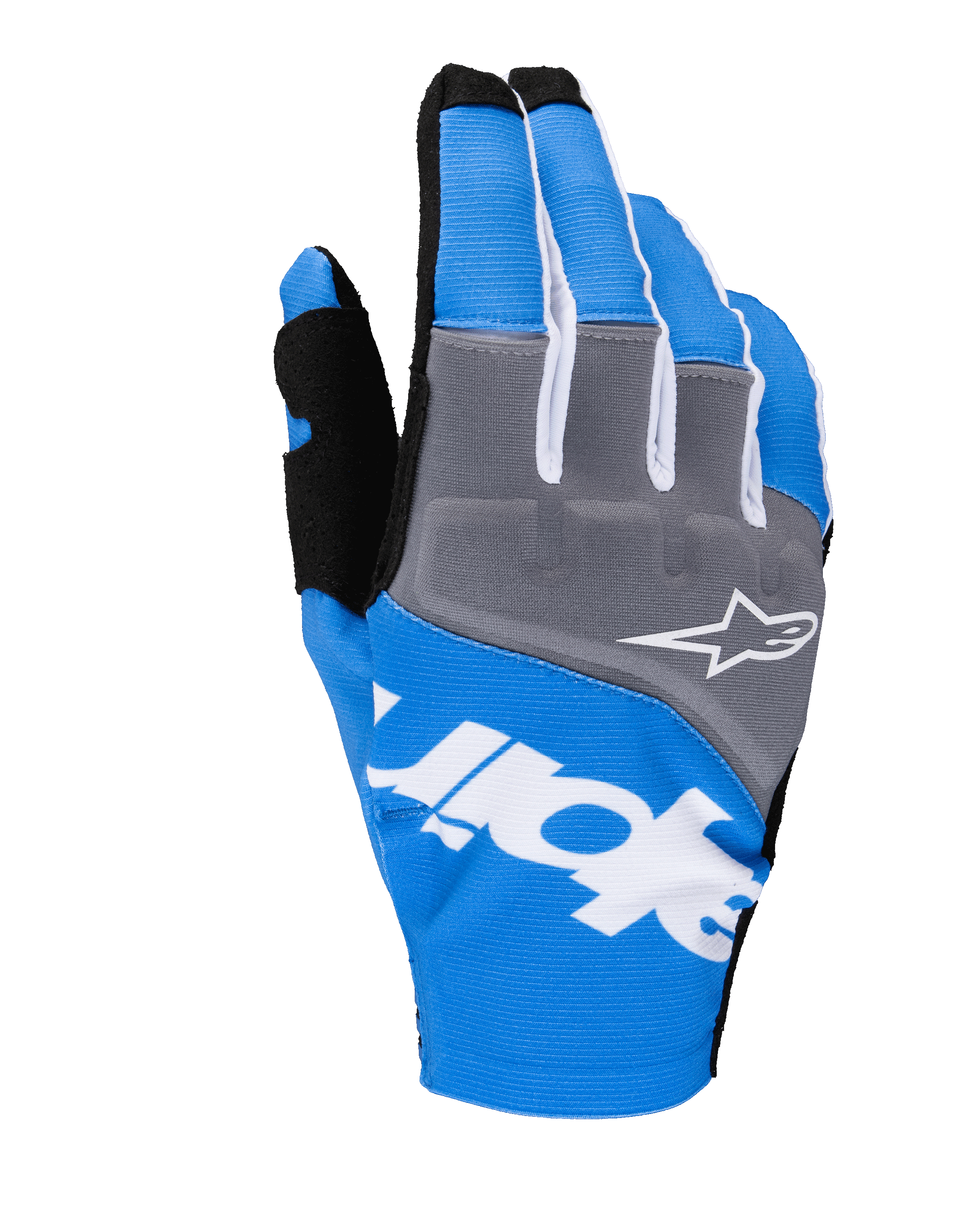 Rękawice Alpinestars Techstar 2025, rękawice motocrossowe, niebieskie i szare z białymi i czarnymi akcentami, białe logo gwiazdy na panelu kostek, wyraźny biały branding na grzbiecie dłoni, żebrowana konstrukcja tekstylna do wyścigów off-road