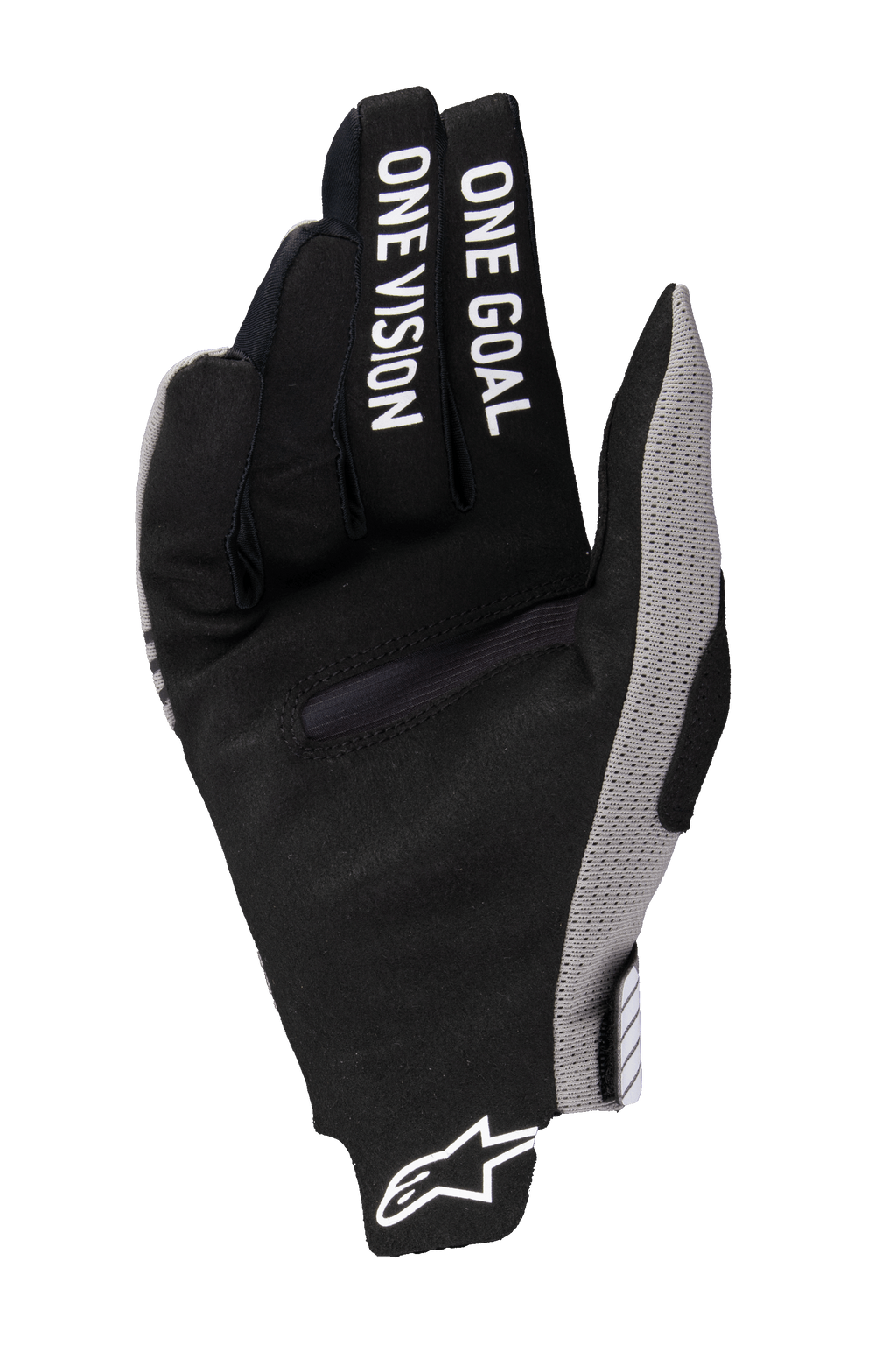 Alpinestars 2025 Radar Pro Gloves, rękawice motocrossowe, czarne z szarymi akcentami, widok dłoni z napisem „ONE GOAL ONE VISION” na palcach, materiał z syntetycznego zamszu, minimalistyczny design zapewniający wydajność w terenie
