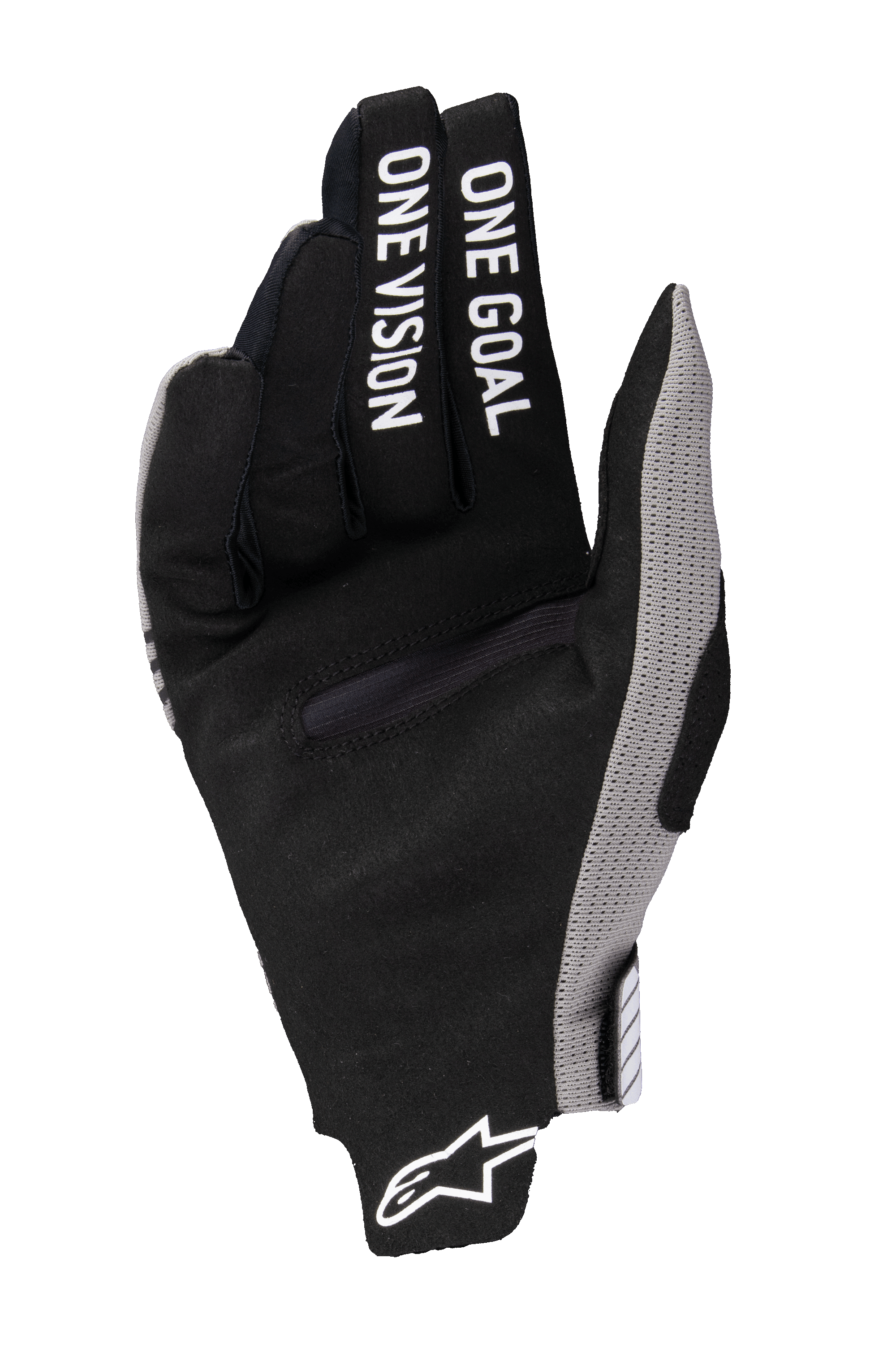 Alpinestars 2025 Radar Pro Gloves, rękawice motocrossowe, czarne z szarymi akcentami, widok dłoni z napisem „ONE GOAL ONE VISION” na palcach, materiał z syntetycznego zamszu, minimalistyczny design zapewniający wydajność w terenie