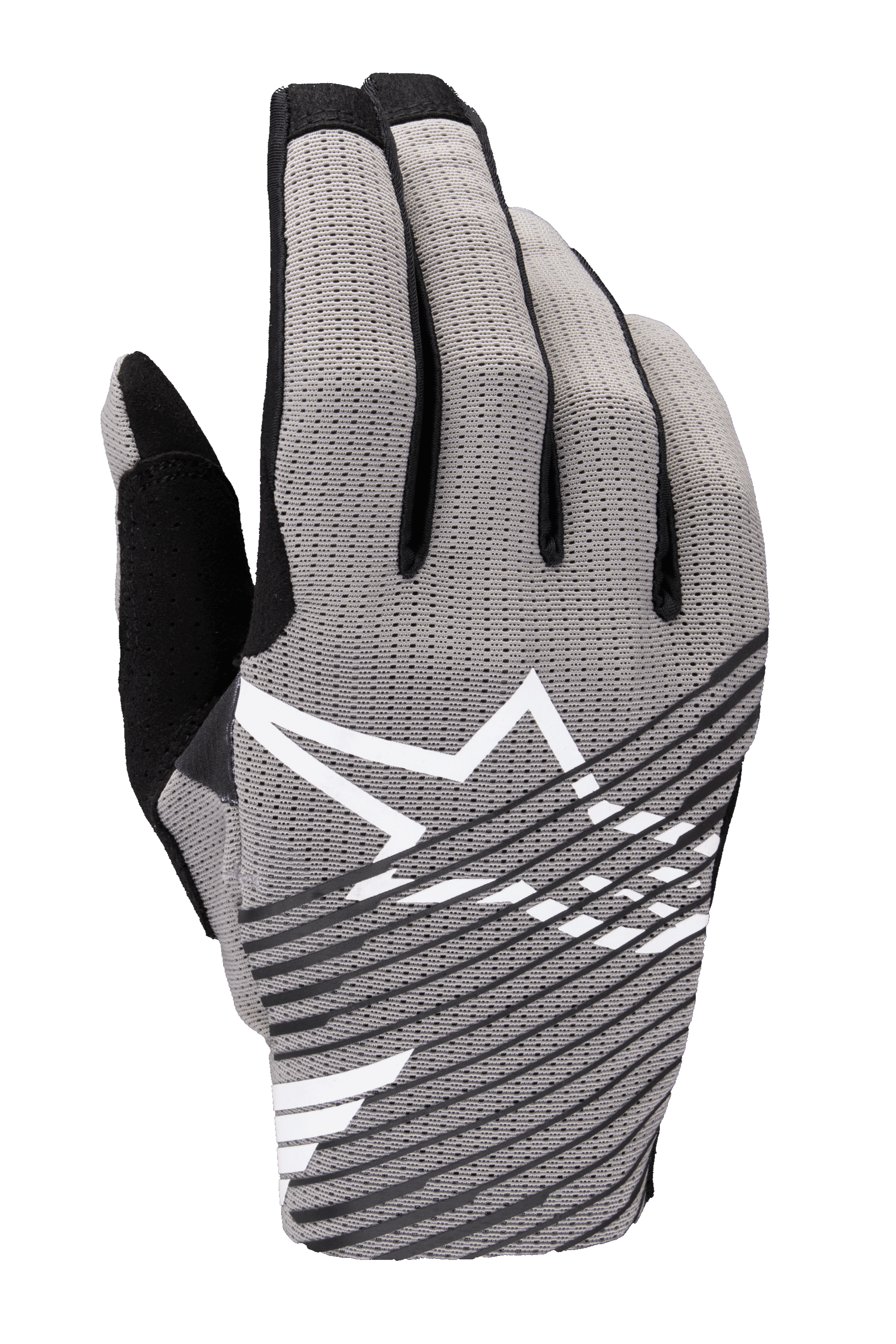 Rękawice Alpinestars 2025 Radar Pro, rękawice motocrossowe, szare z czarnymi i białymi akcentami, oddychający grzbiet z siatki rozciągliwej w 4 kierunkach, białe logo z gwiazdą, czarny wzór w ukośne paski, minimalistyczny styl wyścigowy