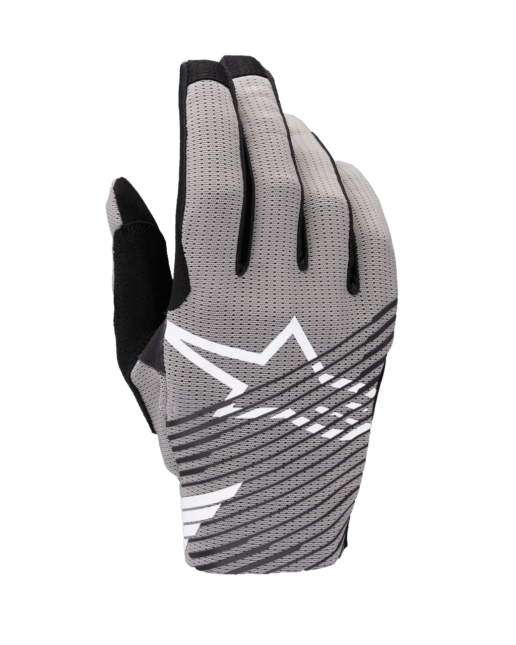 Alpinestars 2025 Radar Pro Gloves, rękawice motocrossowe, szaro-czarne, widok z góry z oddychającą siateczką 4-way stretch, białe logo gwiazdy z czarnymi ukośnymi pasami, zaprojektowane dla wydajności i przepływu powietrza