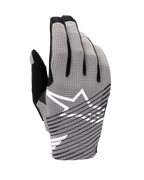 Alpinestars 2025 Radar Pro Gloves, rękawice motocrossowe, szaro-czarne, widok z góry z oddychającą siateczką 4-way stretch, białe logo gwiazdy z czarnymi ukośnymi pasami, zaprojektowane dla wydajności i przepływu powietrza
