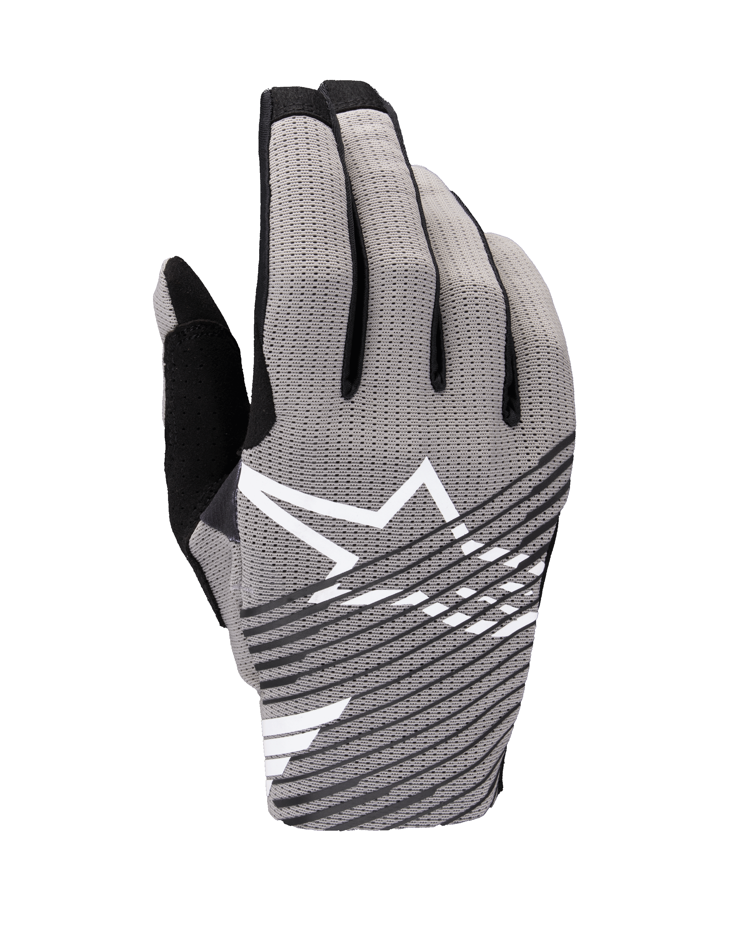 Alpinestars 2025 Radar Pro Gloves, rękawice motocrossowe, szaro-czarne, widok z góry z oddychającą siateczką 4-way stretch, białe logo gwiazdy z czarnymi ukośnymi pasami, zaprojektowane dla wydajności i przepływu powietrza