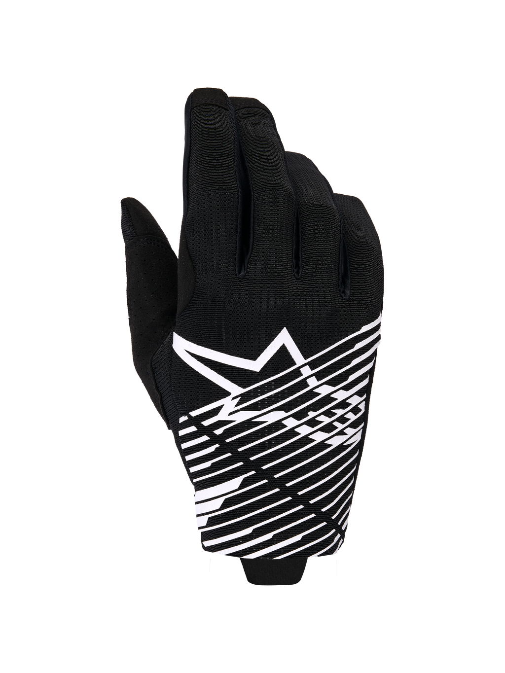Alpinestars 2026 Radar Pro Gloves, rękawice motocrossowe, czarno-białe, z białym logo gwiazdy i grafiką w ukośne linie na wierzchu dłoni, oddychający materiał siatkowy z perforacjami, wyczynowy styl off-road