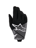 Alpinestars 2026 Radar Pro Gloves, rękawice motocrossowe, czarno-białe, z białym logo gwiazdy i grafiką w ukośne linie na wierzchu dłoni, oddychający materiał siatkowy z perforacjami, wyczynowy styl off-road