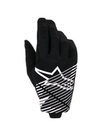 Alpinestars 2026 Radar Pro Gloves, rękawice motocrossowe, czarno-białe, z białym logo gwiazdy i grafiką w ukośne linie na wierzchu dłoni, oddychający materiał siatkowy z perforacjami, wyczynowy styl off-road