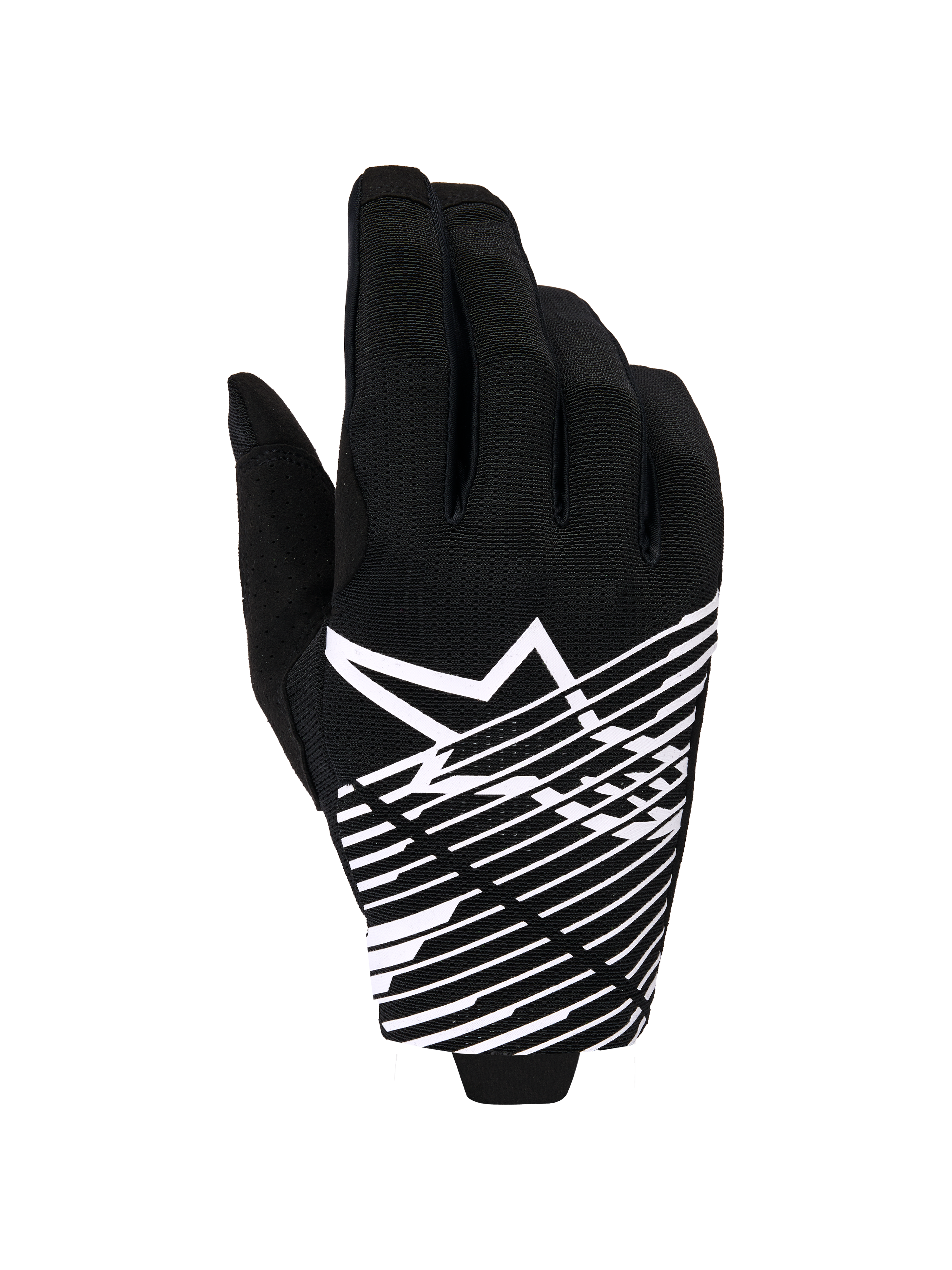 Alpinestars 2026 Radar Pro Gloves, rękawice motocrossowe, czarno-białe, z białym logo gwiazdy i grafiką w ukośne linie na wierzchu dłoni, oddychający materiał siatkowy z perforacjami, wyczynowy styl off-road