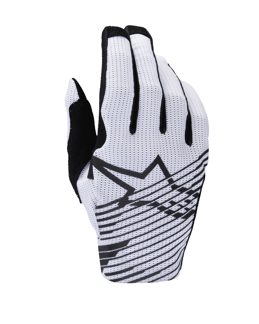 Rękawice Alpinestars 2025 Radar Pro, rękawice motocrossowe, biało-czarne, widok grzbietu dłoni, perforowana konstrukcja z siateczki, czarne logo gwiazdy Alpinestars z poziomymi liniami graficznymi oraz czarne akcenty na palcach