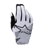Rękawice Alpinestars 2025 Radar Pro, rękawice motocrossowe, biało-czarne, widok grzbietu dłoni, perforowana konstrukcja z siateczki, czarne logo gwiazdy Alpinestars z poziomymi liniami graficznymi oraz czarne akcenty na palcach