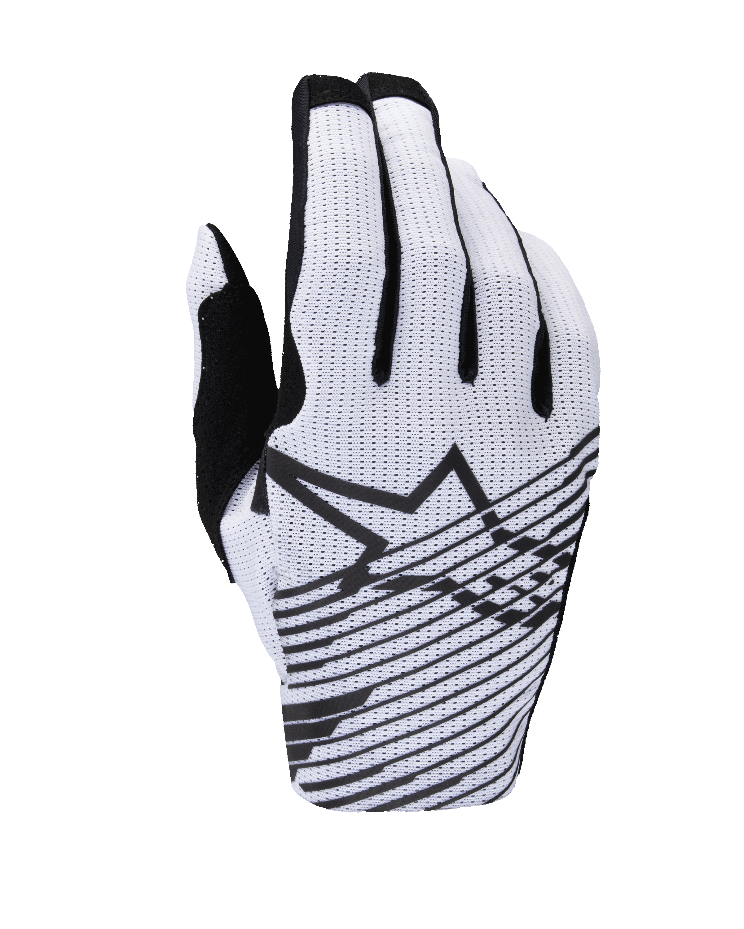 Rękawice Alpinestars 2025 Radar Pro, rękawice motocrossowe, biało-czarne, widok grzbietu dłoni, perforowana konstrukcja z siateczki, czarne logo gwiazdy Alpinestars z poziomymi liniami graficznymi oraz czarne akcenty na palcach