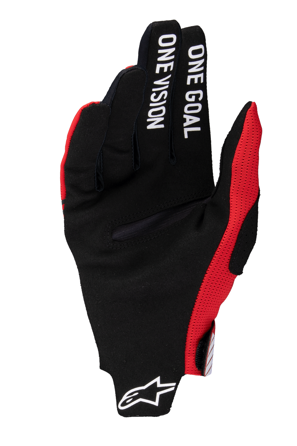 Alpinestars 2025 Radar Pro Gloves, Motocross Gloves, Bright Red, black synthetic suede palm featuring "ONE GOAL ONE VISION" text on fingers, red mesh accents, white Astars logo on the cuff, minimalistic design for maximum control