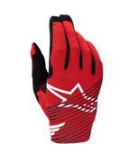 Alpinestars 2025 Radar Pro Gloves, Motocross Gloves, Bright Red Black and White, featuring a large white star logo with black diagonal stripes on a breathable mesh backhand, lightweight performance gear for off-road racing