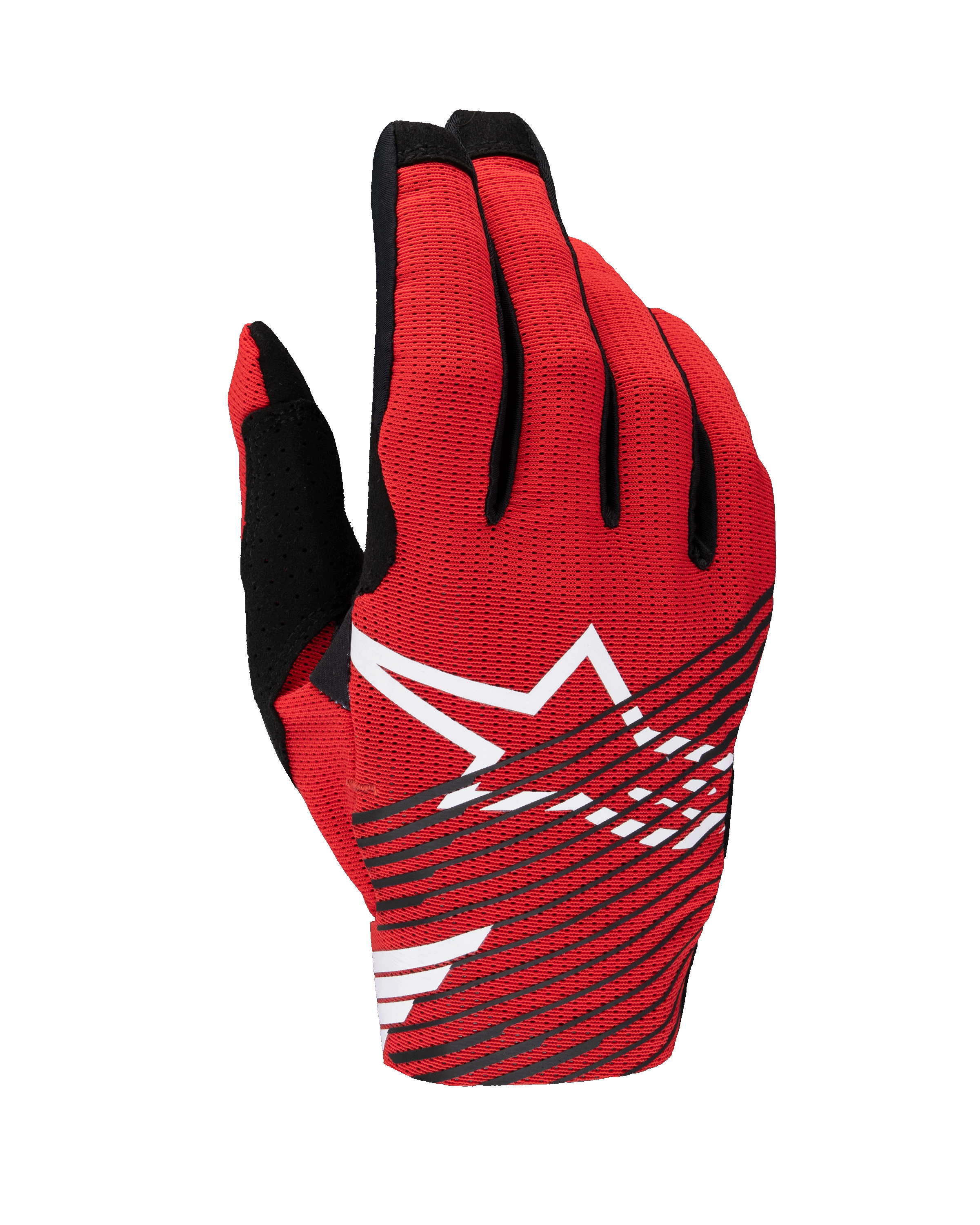 Alpinestars 2025 Radar Pro Gloves, Motocross Gloves, Bright Red Black and White, featuring a large white star logo with black diagonal stripes on a breathable mesh backhand, lightweight performance gear for off-road racing