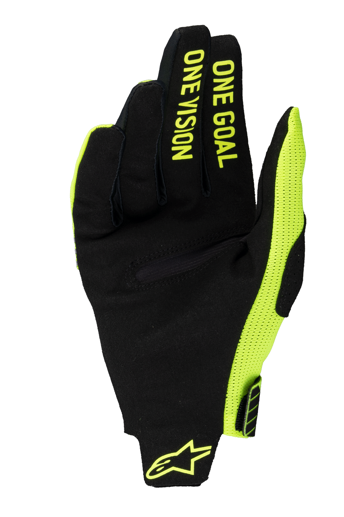 Alpinestars 2025 Radar Pro Gloves, rękawice motocrossowe, żółty fluo i czarny, widok dłoni wykonanej z syntetycznego zamszu z napisem „ONE GOAL ONE VISION” na palcach, boczny panel z siateczki w kolorze żółtym fluo i logo na nadgarstku