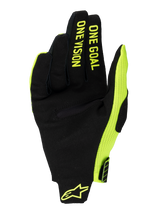 Alpinestars 2025 Radar Pro Gloves, Motocross Gloves, Yellow Fluo and Black, palm view featuring synthetic suede with 'ONE GOAL ONE VISION' text on fingers, fluo yellow mesh side panel and wrist logo.