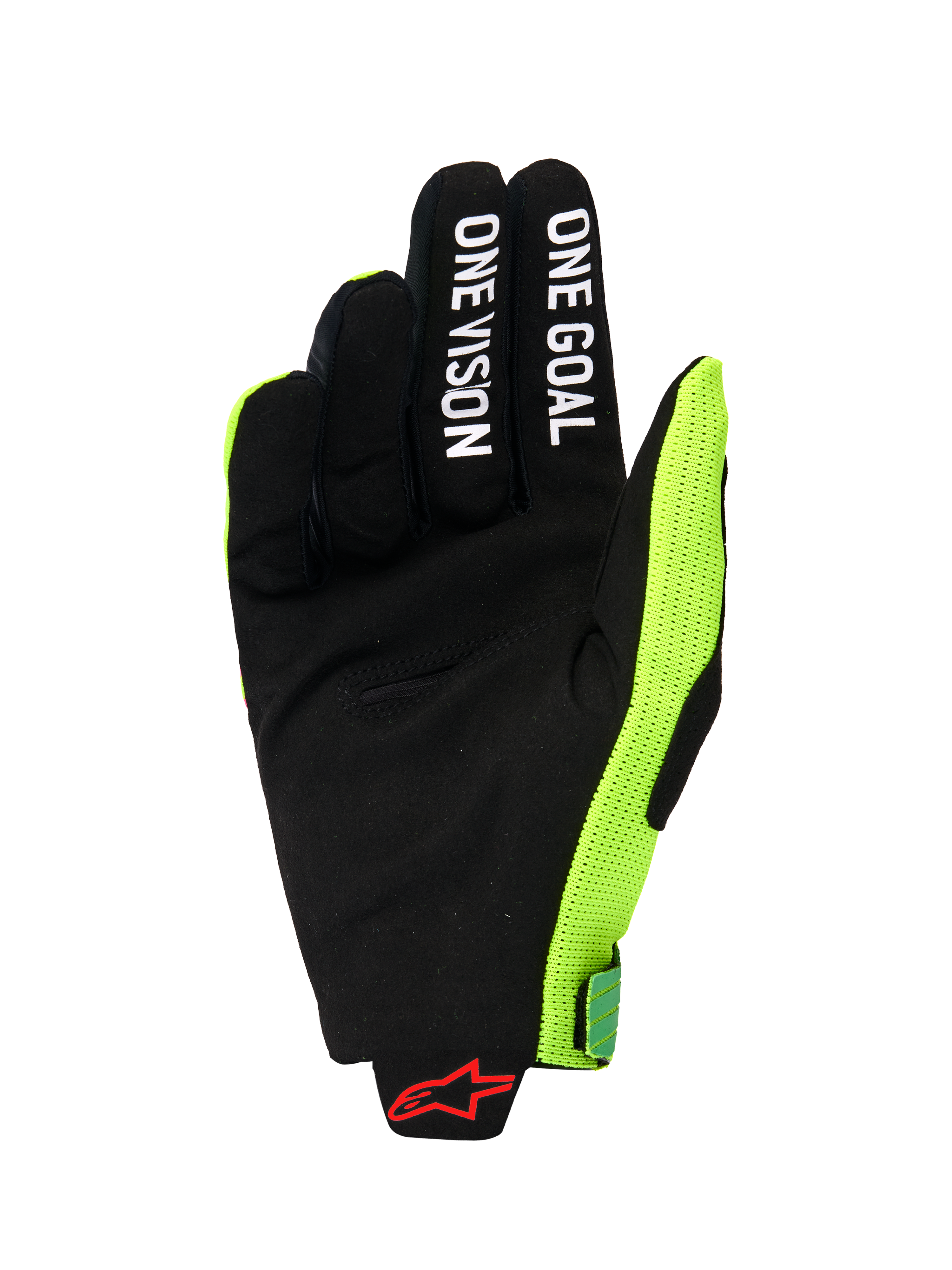Alpinestars 2026 Radar Pro Gloves, widok od strony dłoni rękawicy motocrossowej, czarny syntetyczny zamsz z białymi napisami „ONE GOAL” i „ONE VISION” na palcach, jaskrawy neonowy żółty panel boczny z siateczki, czerwone logo Alpinestars na nadgarstku, minimalistyczny sprzęt wyczynowy do jazdy terenowej