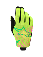 Alpinestars 2026 Radar Pro Gloves, rękawice motocrossowe, kolor zielono-żółty fluo i różowy fluo, jednowarstwowa konstrukcja z siateczki z wyrazistymi różowymi ukośnymi paskami i zielonym geometrycznym logo gwiazdy, lekka odzież wyścigowa off-road