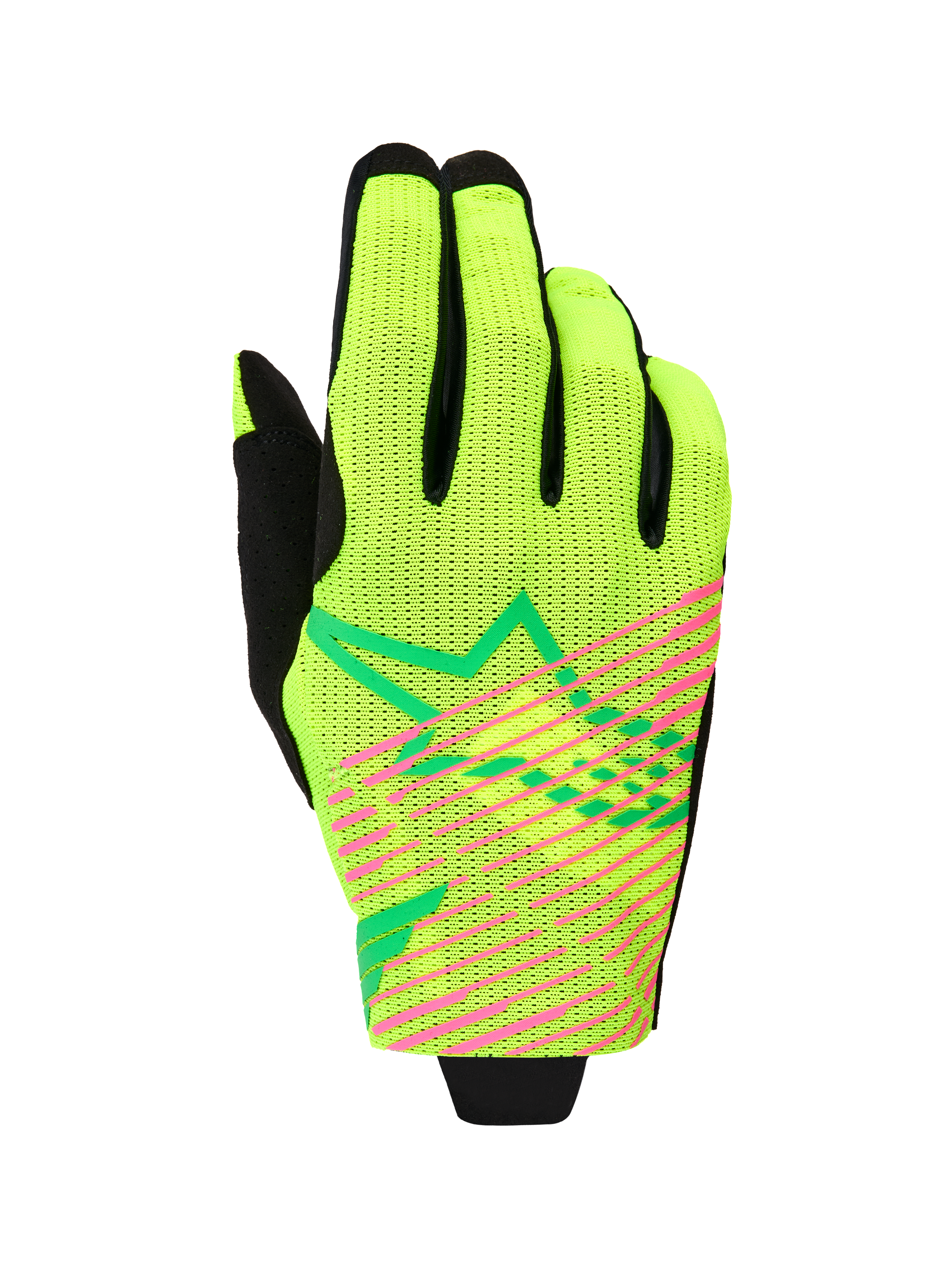 Alpinestars 2026 Radar Pro Gloves, rękawice motocrossowe, kolor zielono-żółty fluo i różowy fluo, jednowarstwowa konstrukcja z siateczki z wyrazistymi różowymi ukośnymi paskami i zielonym geometrycznym logo gwiazdy, lekka odzież wyścigowa off-road