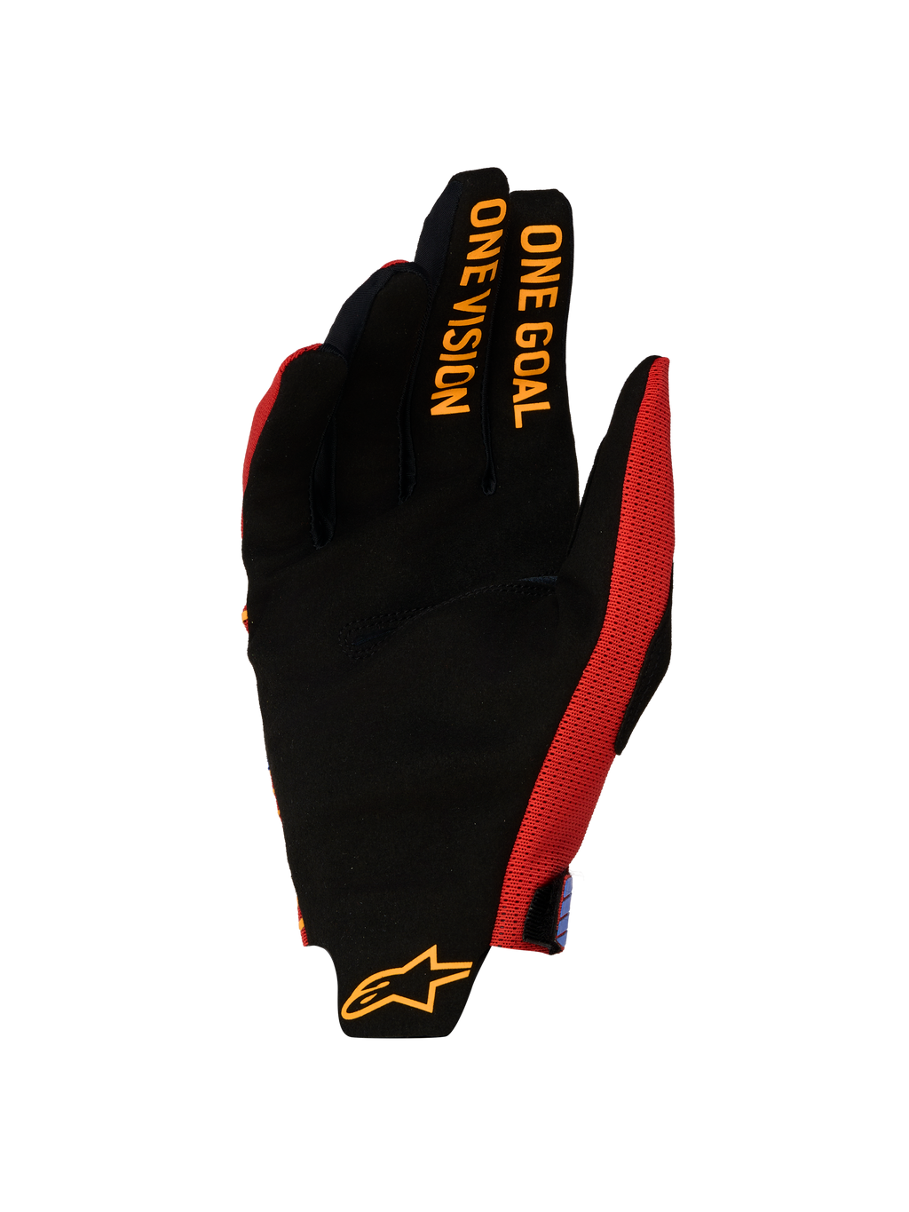 Alpinestars Rękawice Radar Pro 2027, męskie rękawice motocrossowe, czarne i czerwone, dłoń z napisem One Goal One Vision.