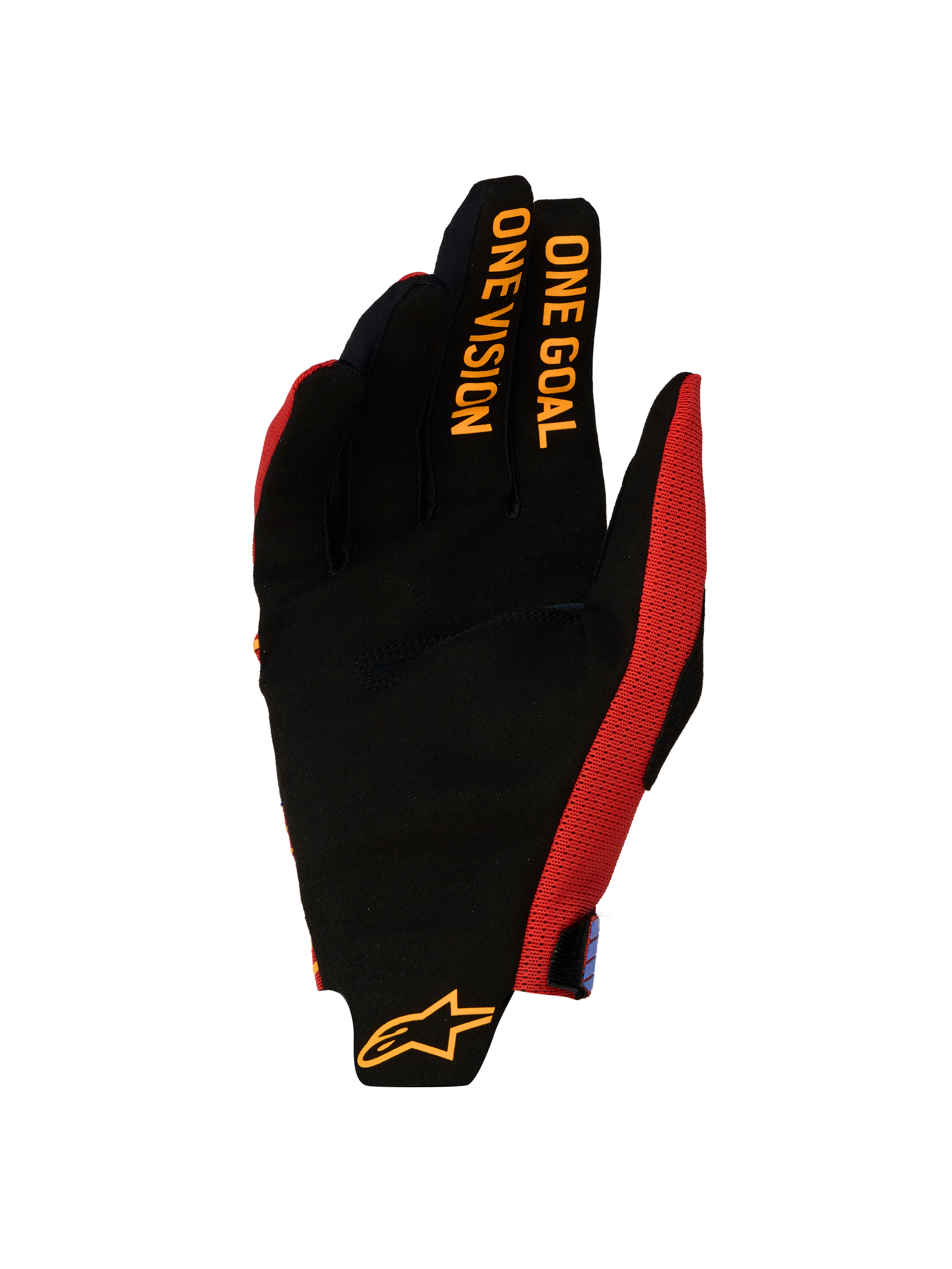 Alpinestars Rękawice Radar Pro 2027, męskie rękawice motocrossowe, czarne i czerwone, dłoń z napisem One Goal One Vision.