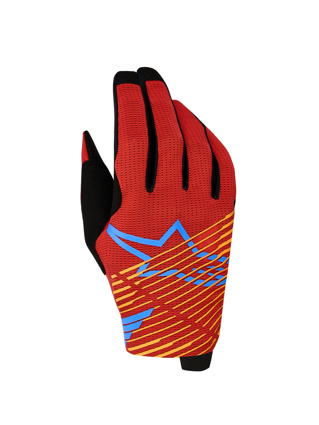 Alpinestars Radar Pro 2027, czerwone i czarne rękawice motocyklowe, elastyczna siatka z niebieską grafiką gwiazdy.