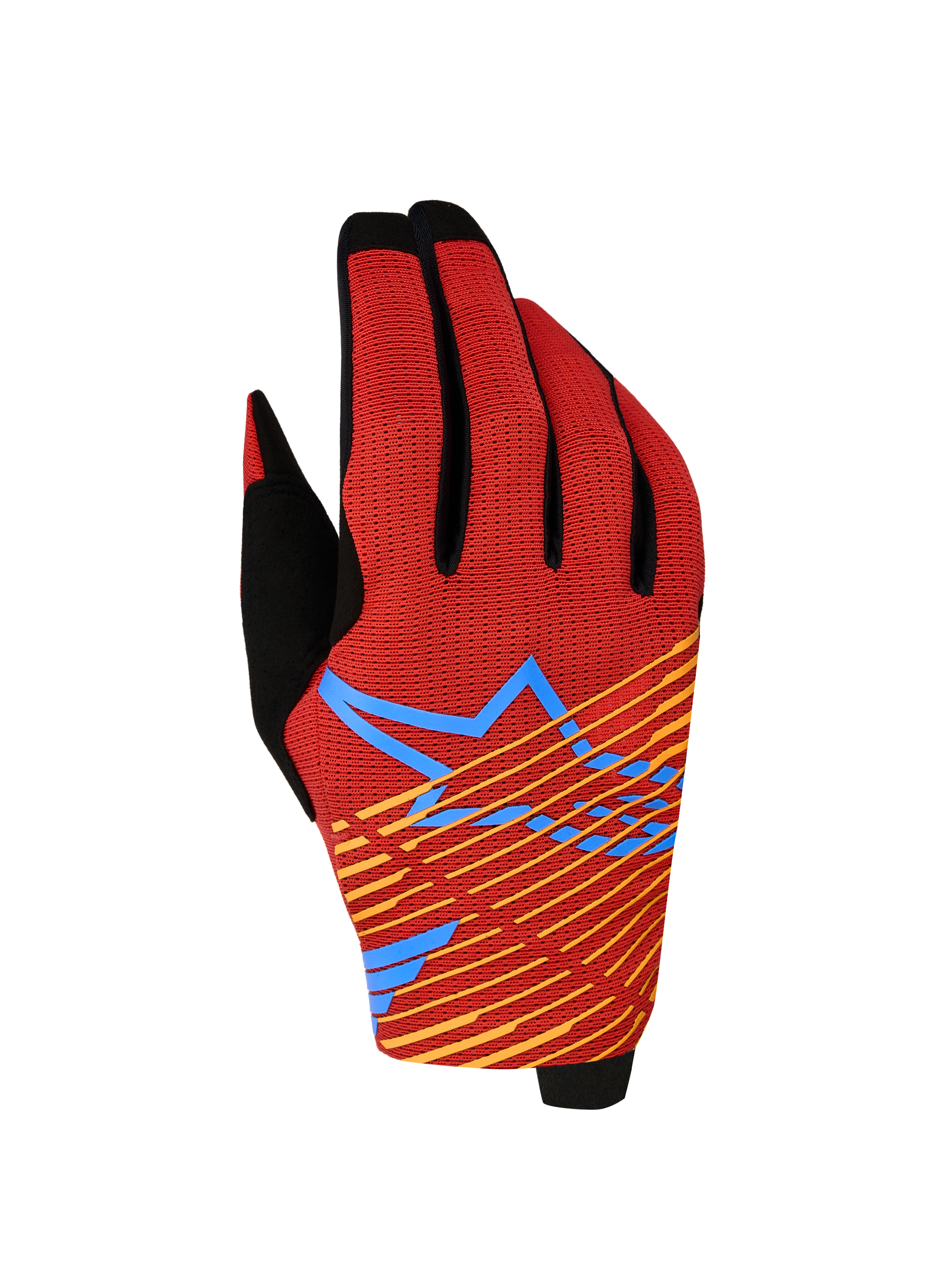 Alpinestars Radar Pro 2027, czerwone i czarne rękawice motocyklowe, elastyczna siatka z niebieską grafiką gwiazdy.