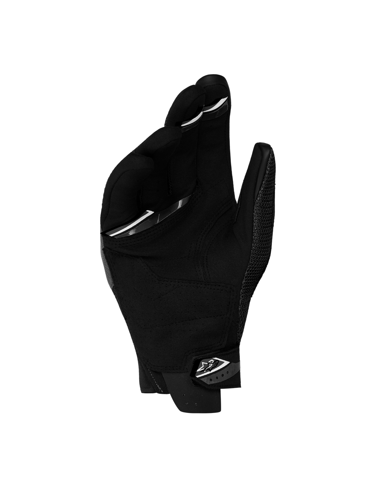 Alpinestars Megawatt V 2 Air rękawice motocyklowe męskie enduro, czarne i białe, widok od strony dłoni pokazujący konstrukcję z syntetycznego zamszu, nadruk silikonowy oraz mankiet z neoprenu z bezpiecznym zapięciem