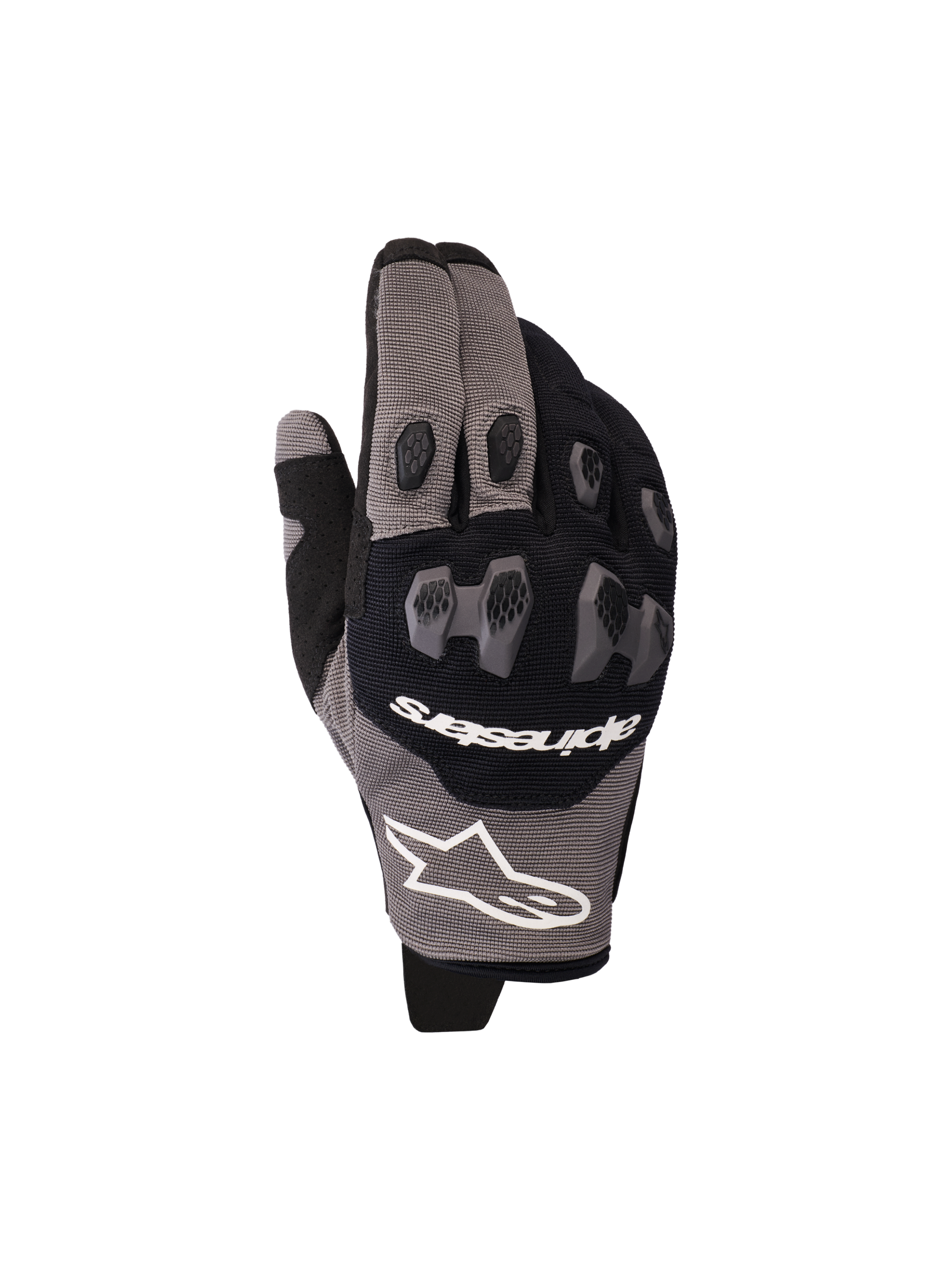 Alpinestars 2026 Pro-Dura Gloves, rękawice motocyklowe, czarno-szare, dwuczęściowa ochrona kostek TPR o sześciokątnym wzorze, białe logo Alpinestars, wielopanelowa elastyczna konstrukcja z siatki, przeznaczone do jazdy enduro i off-road.