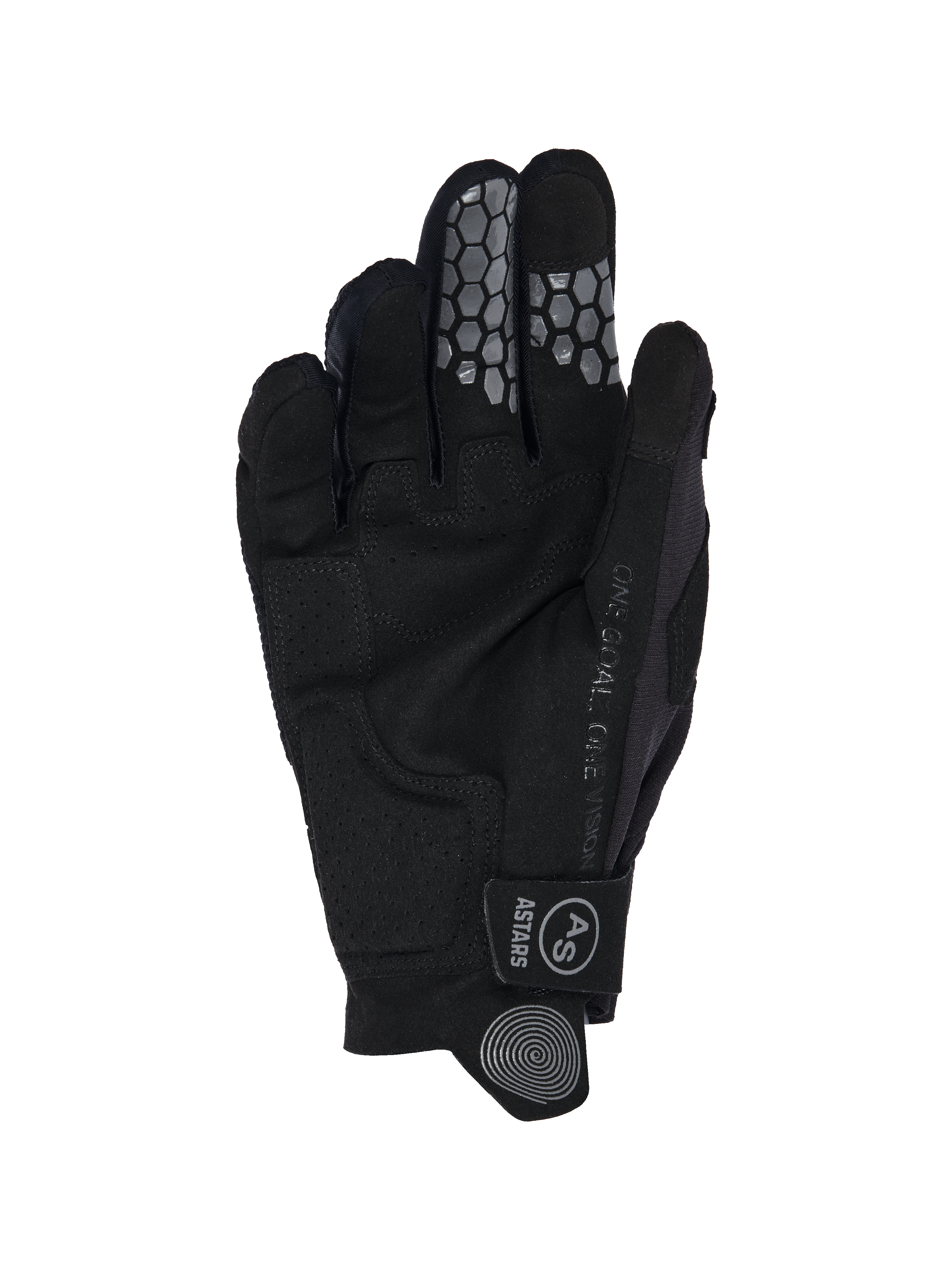Alpinestars 2026 Radar Pro Gloves, rękawice motocrossowe, czarne, widok od strony dłoni przedstawiający konstrukcję z syntetycznego zamszu, szary silikonowy uchwyt o strukturze plastra miodu na palcu wskazującym i środkowym, napis „One Goal. One Vision.” wzdłuż boku oraz pasek z zapięciem na rzep z logo AS.