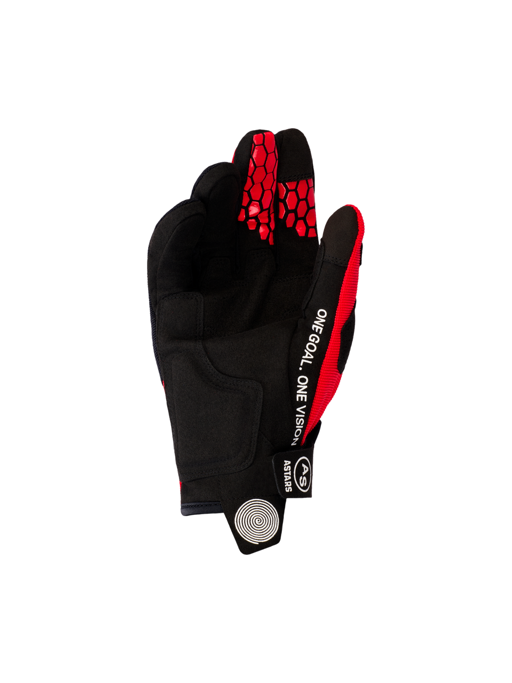 Rękawice Alpinestars Pro-Dura 2026, rękawice motocrossowe i enduro, jaskrawoczerwone i czarne, widok od strony dłoni z czarnego syntetycznego zamszu, biały napis „ONE GOAL. ONE VISION” na boku, czerwone wzory plastra miodu na opuszkach palców