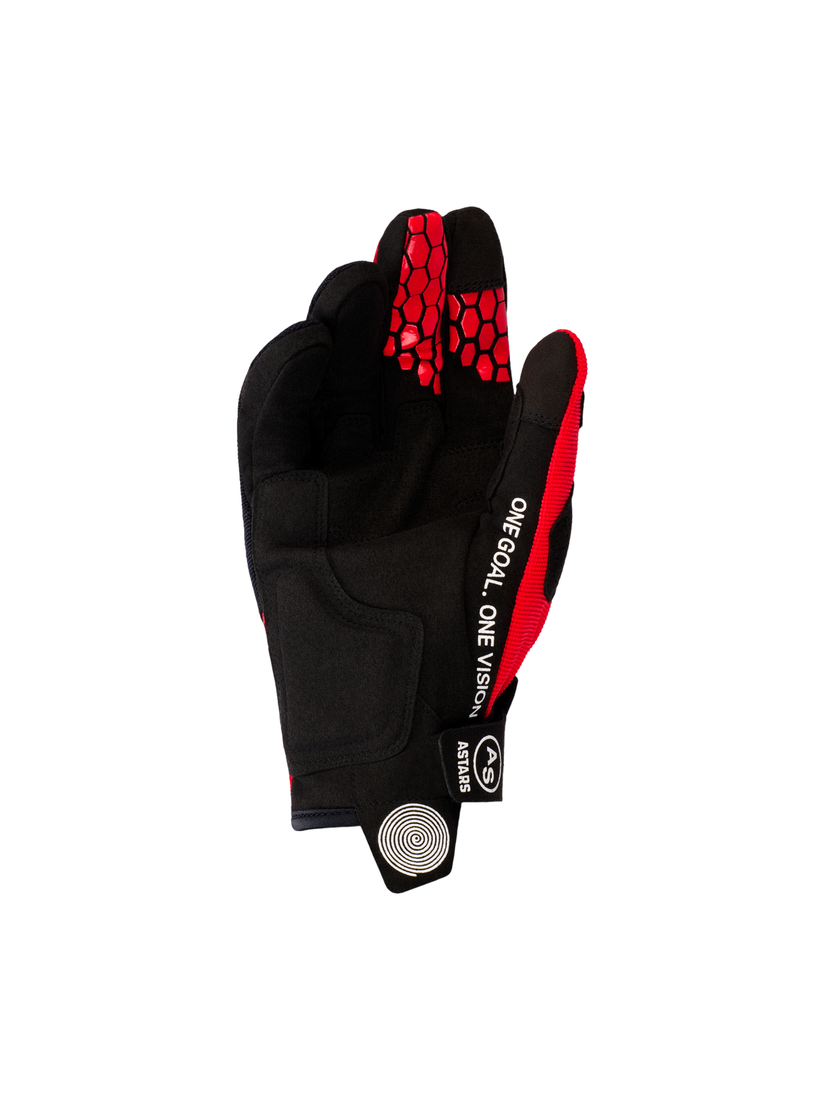Rękawice Alpinestars Pro-Dura 2026, rękawice motocrossowe i enduro, jaskrawoczerwone i czarne, widok od strony dłoni z czarnego syntetycznego zamszu, biały napis „ONE GOAL. ONE VISION” na boku, czerwone wzory plastra miodu na opuszkach palców
