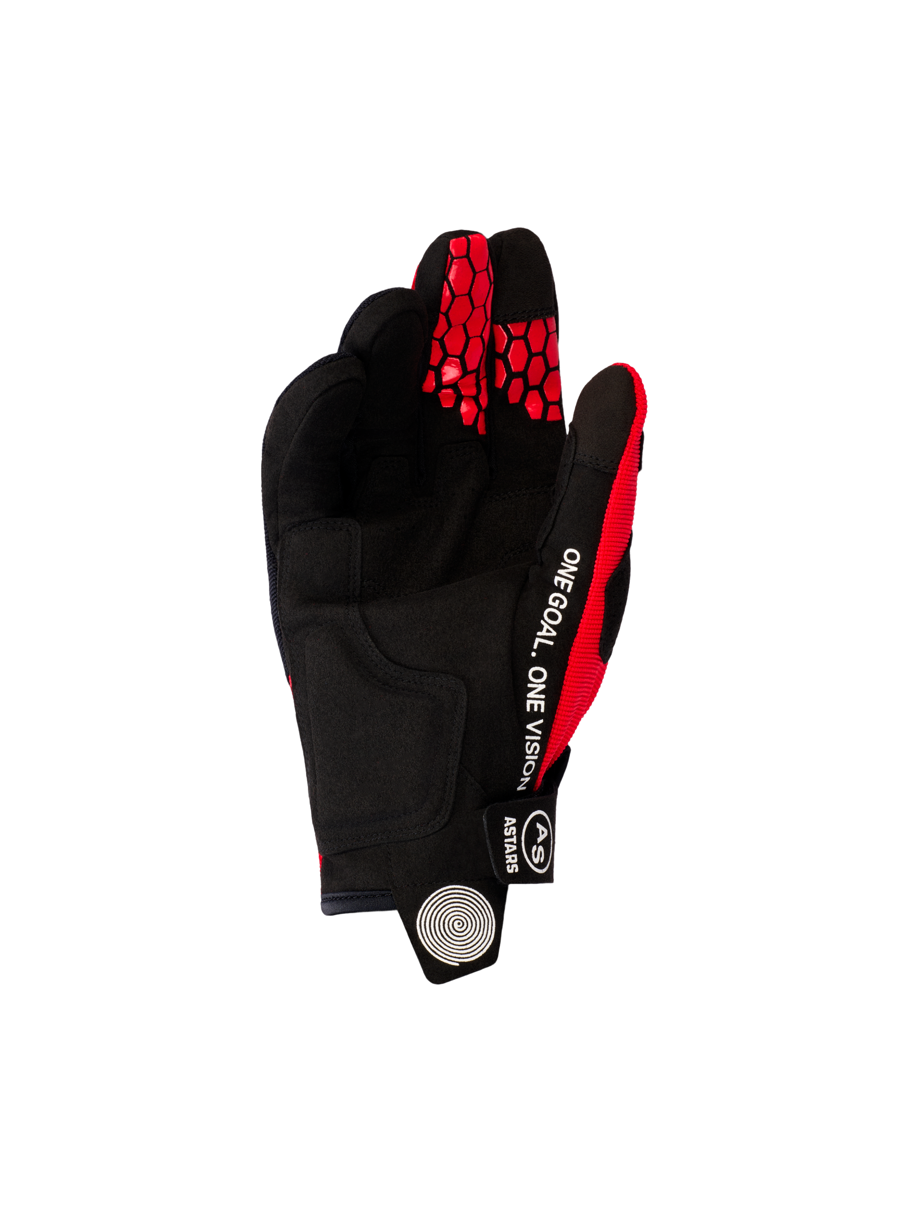 Rękawice Alpinestars Pro-Dura 2026, rękawice motocrossowe i enduro, jaskrawoczerwone i czarne, widok od strony dłoni z czarnego syntetycznego zamszu, biały napis „ONE GOAL. ONE VISION” na boku, czerwone wzory plastra miodu na opuszkach palców