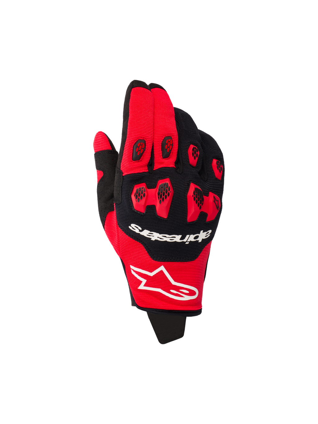 Alpinestars 2026 Pro-Dura Gloves, rękawice motocrossowe, jaskrawoczerwone i czarne, czerwone ochraniacze kostek TPR z czarnymi wstawkami o strukturze plastra miodu, białe logo marki, wielopanelowa elastyczna konstrukcja do wyścigów off-road
