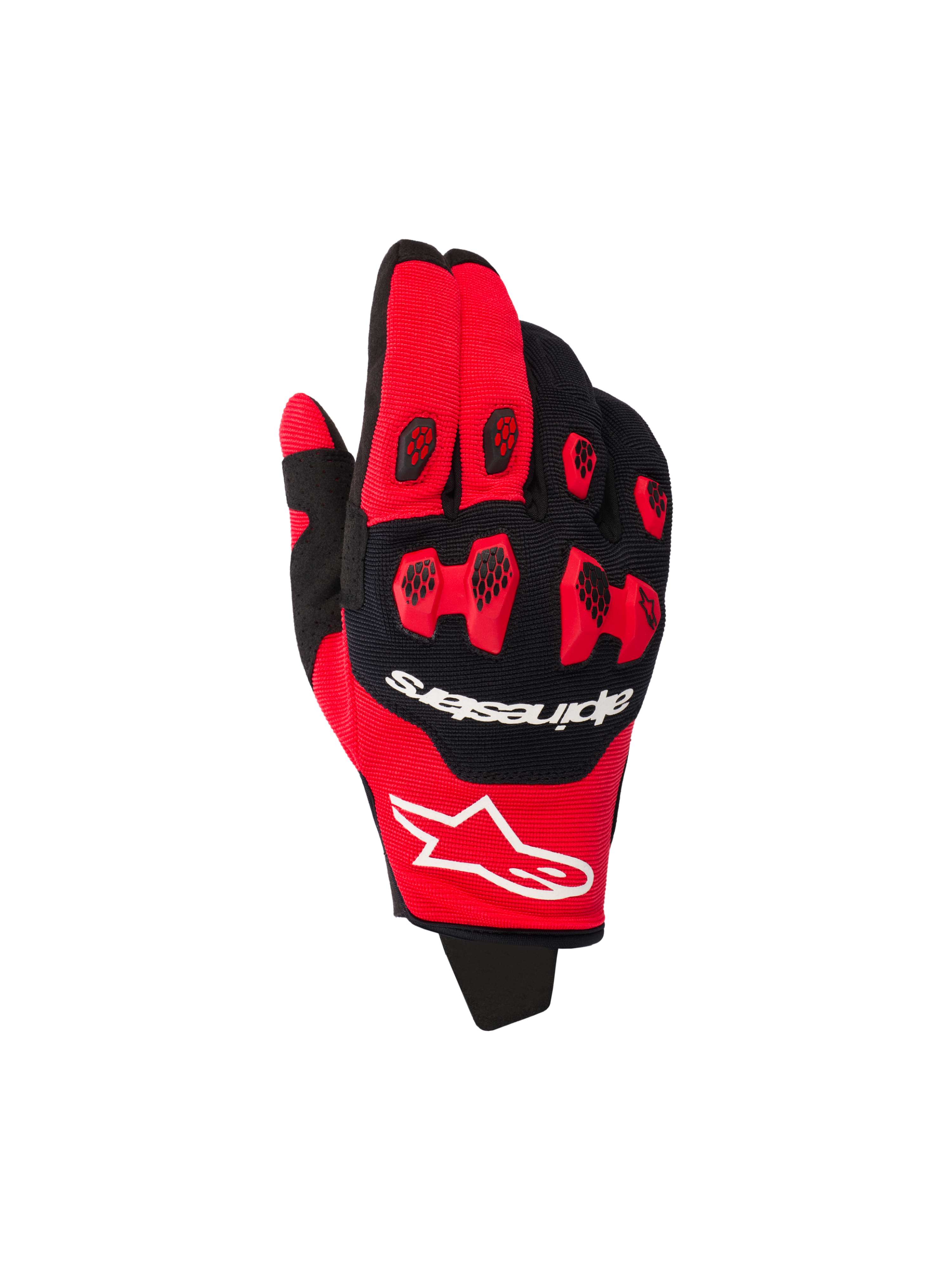 Alpinestars 2026 Pro-Dura Gloves, rękawice motocrossowe, jaskrawoczerwone i czarne, czerwone ochraniacze kostek TPR z czarnymi wstawkami o strukturze plastra miodu, białe logo marki, wielopanelowa elastyczna konstrukcja do wyścigów off-road