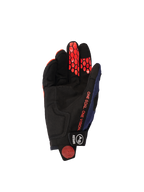 Alpinestars 2026 Pro-Dura Gloves, widok od strony dłoni, kolor granatowy, jaskrawopomarańczowy i biały, czarna dłoń z syntetycznego zamszu z pomarańczowym sześciokątnym silikonowym nadrukiem na palcach, pomarańczowy napis „ONE GOAL. ONE VISION.” i czarne zapięcie na nadgarstku z białym logo