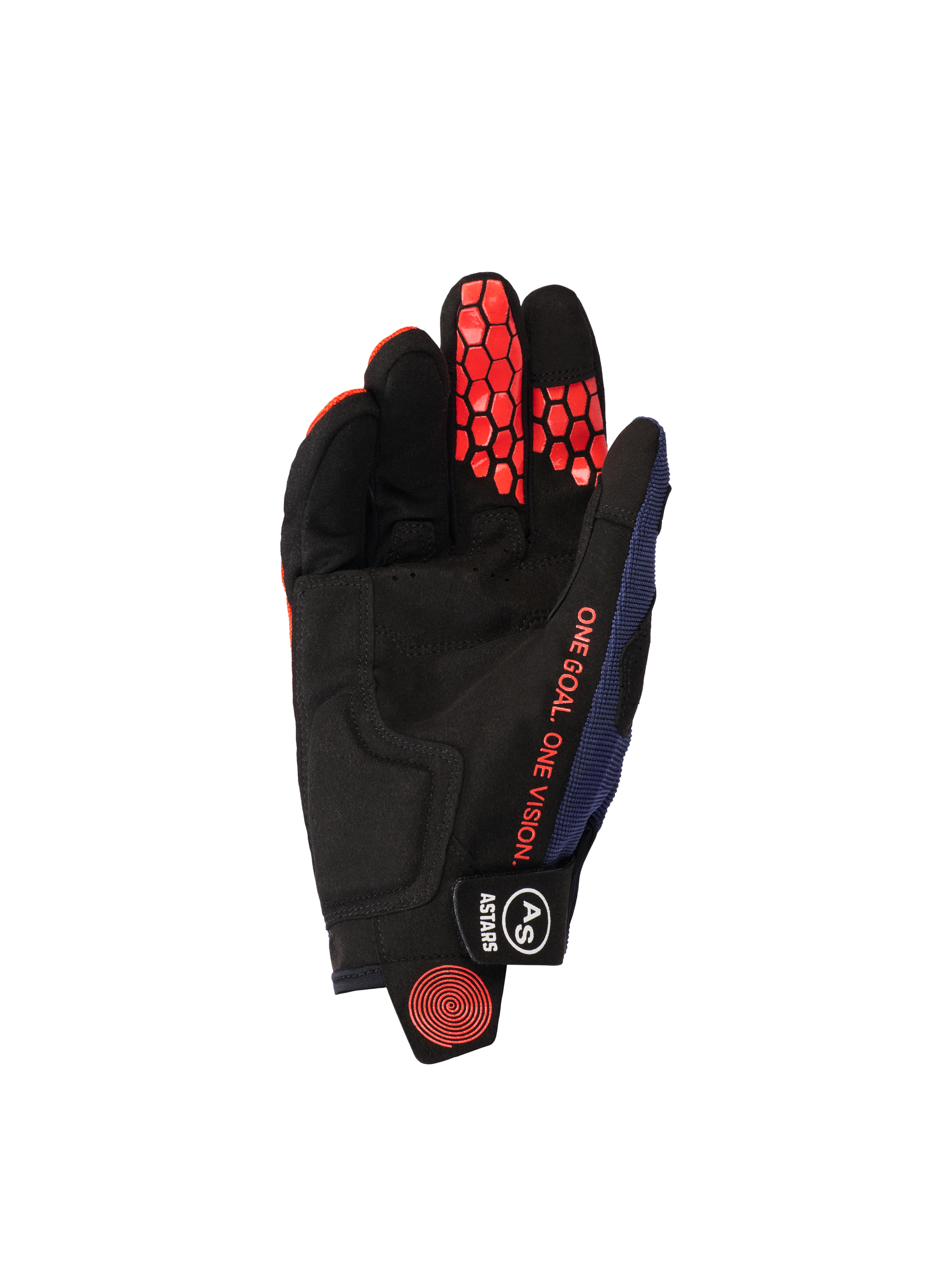 Alpinestars 2026 Pro-Dura Gloves, widok od strony dłoni, kolor granatowy, jaskrawopomarańczowy i biały, czarna dłoń z syntetycznego zamszu z pomarańczowym sześciokątnym silikonowym nadrukiem na palcach, pomarańczowy napis „ONE GOAL. ONE VISION.” i czarne zapięcie na nadgarstku z białym logo