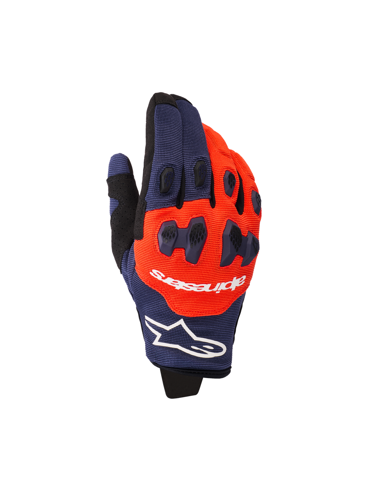 Alpinestars 2026 Pro-Dura Gloves, Motocross and Enduro Gloves, Navy Blue and Hot Orange with White accents, featuring two-piece TPR knuckle protection, Alpinestars branding on the backhand, and flexible multi-panel construction
