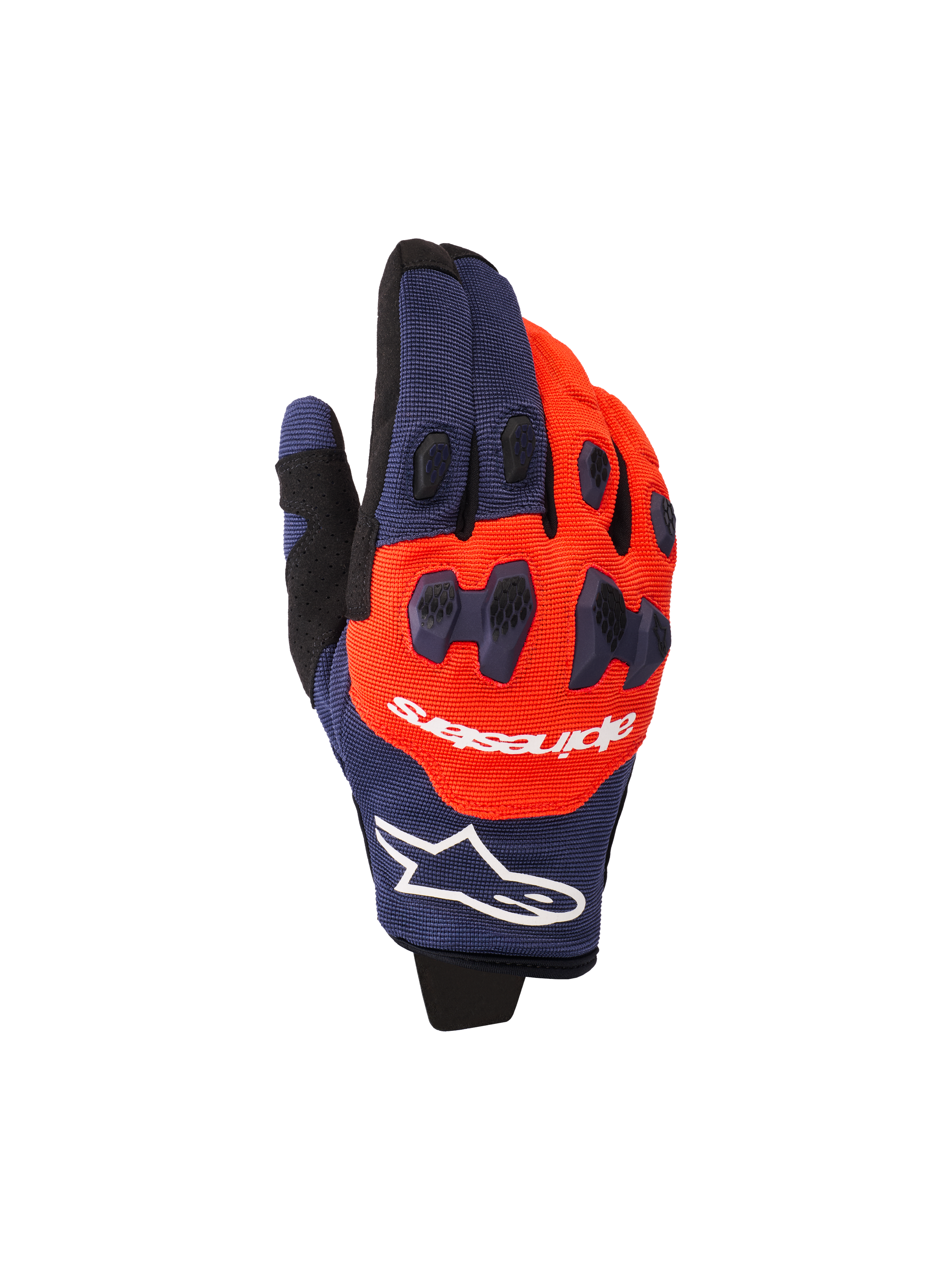 Rękawice Alpinestars Pro-Dura 2026, rękawice motocrossowe i enduro, granatowe i jaskrawopomarańczowe z białymi akcentami, z dwuczęściową ochroną kostek TPR, logo Alpinestars na wierzchu dłoni i elastyczną konstrukcją wielopanelową