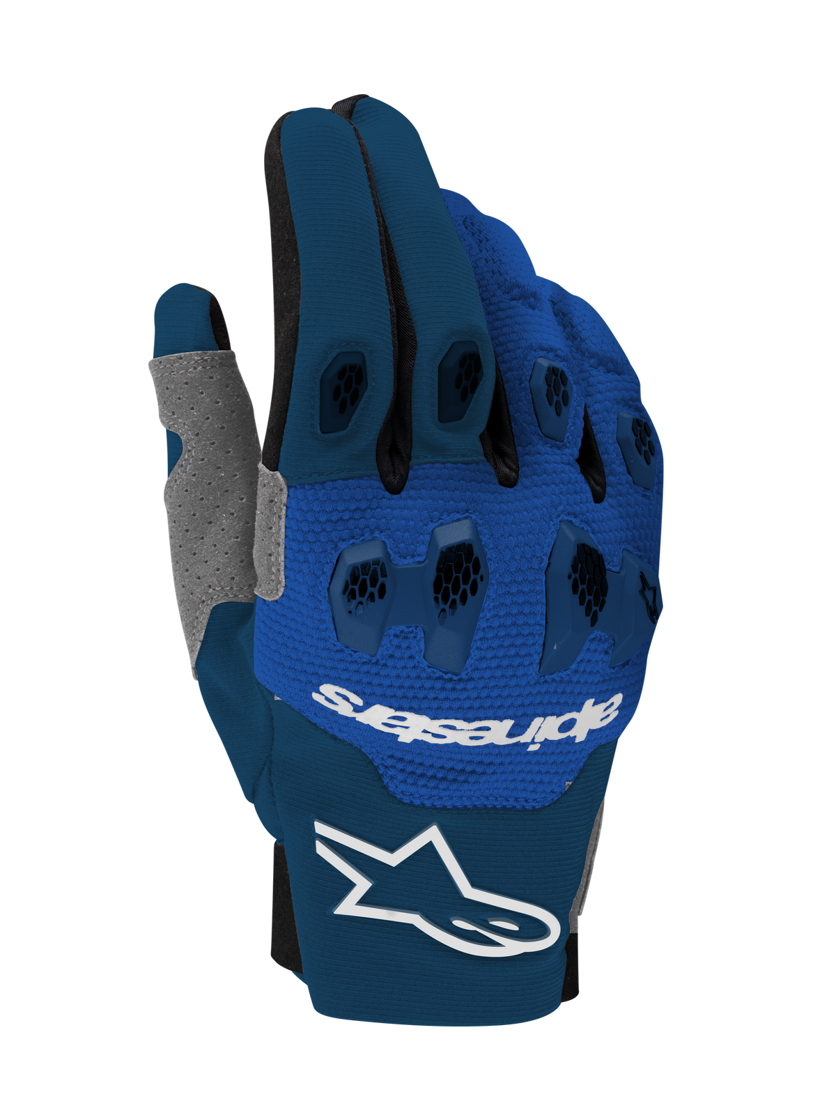 Alpinestars Pro-Dura Gloves 2026, rękawice motocrossowe i enduro, granatowe i jasnoniebieskie z białymi elementami, dwuczęściowa ochrona kostek TPR, wielopanelowa elastyczna konstrukcja, białe logo na mankiecie i oznaczenie marki na wierzchu dłoni, techniczny design off-road