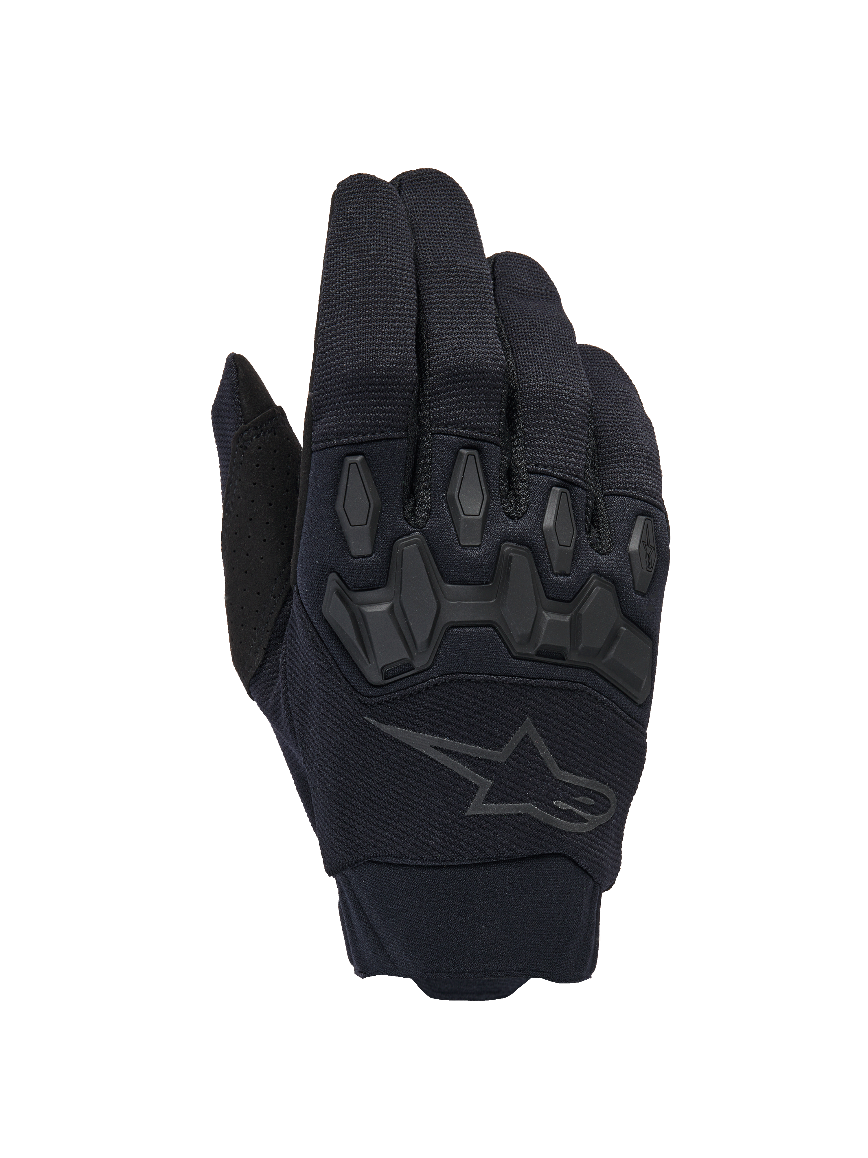 Alpinestars Full Bore V2 Gloves, Black Motocross Gloves, featuring ergonomic TPR knuckle protectors and breathable stretch fabric, subtle black star logo on the backhand, high-performance off-road gear
