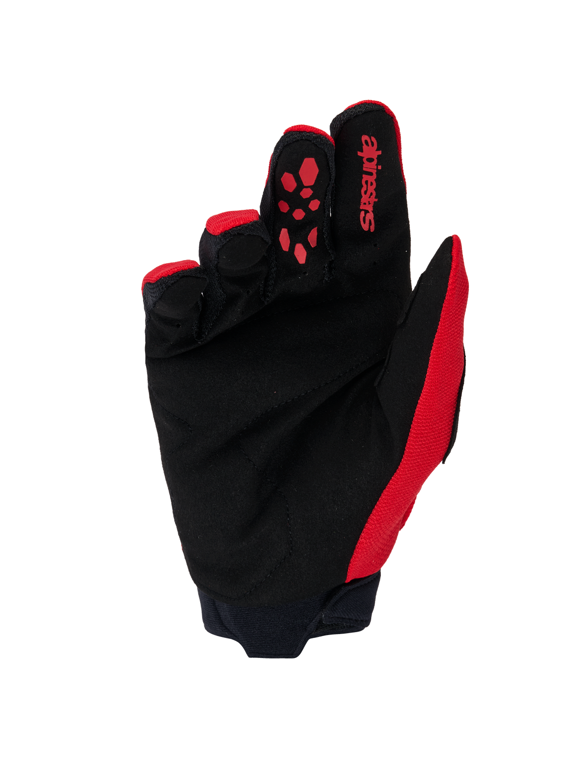 Alpinestars Full Bore V2 Gloves, rękawice motocrossowe, jaskrawoczerwone i czarne, widok od strony dłoni z wzmocnionym czarnym zamszem syntetycznym, czerwony silikonowy nadruk na palcu wskazującym, logo Alpinestars i neoprenowy mankiet