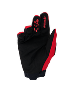 Alpinestars Full Bore V2 Gloves, rękawice motocrossowe, jaskrawoczerwone i czarne, widok od strony dłoni z wzmocnionym czarnym zamszem syntetycznym, czerwony silikonowy nadruk na palcu wskazującym, logo Alpinestars i neoprenowy mankiet