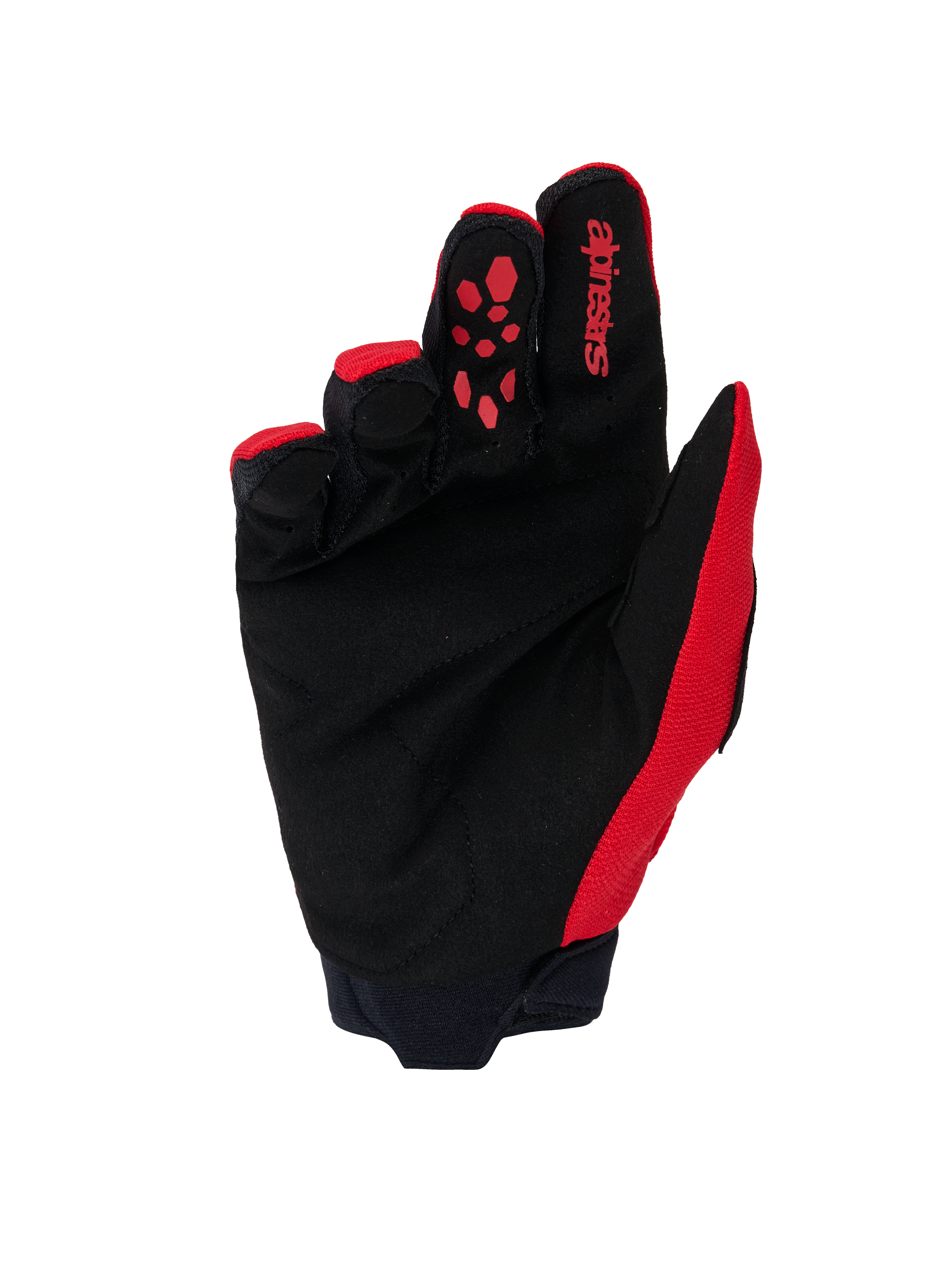 Alpinestars Full Bore V2 Gloves, rękawice motocrossowe, jaskrawoczerwone i czarne, widok od strony dłoni z wzmocnionym czarnym zamszem syntetycznym, czerwony silikonowy nadruk na palcu wskazującym, logo Alpinestars i neoprenowy mankiet