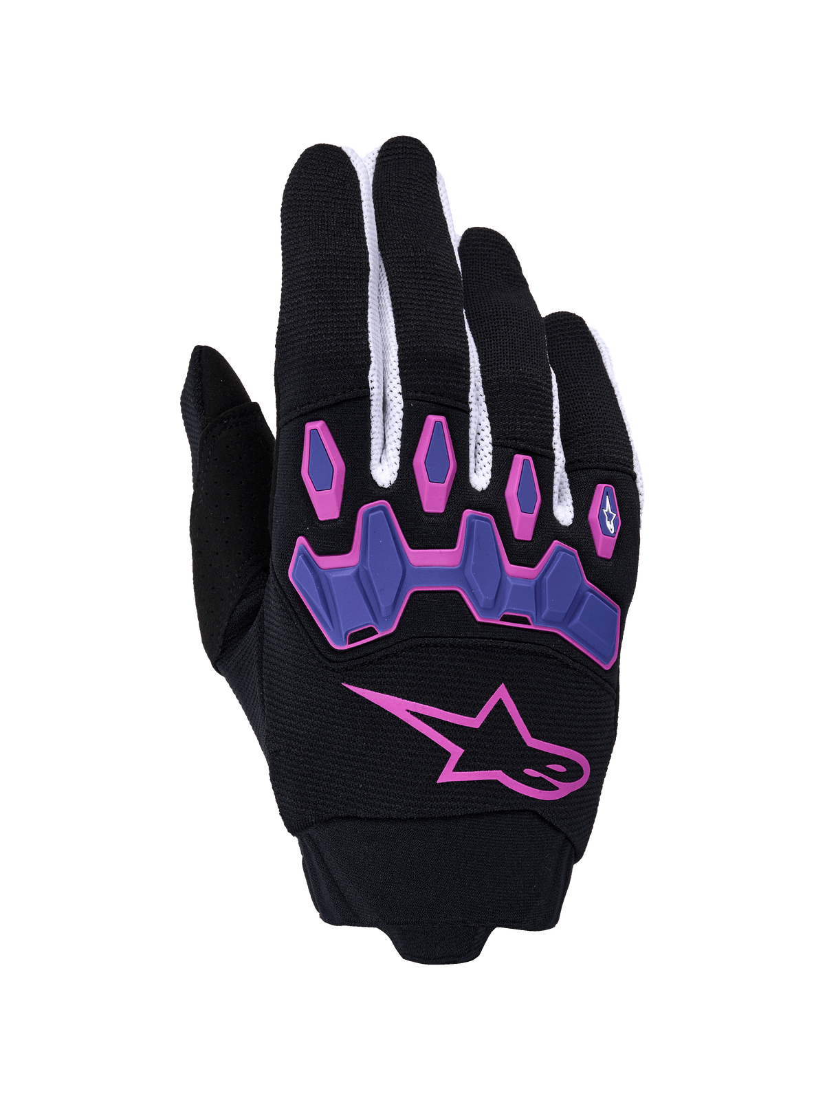 Rękawice Alpinestars Full Bore V2, rękawice motocrossowe, czarno-fioletowe z różowymi akcentami, duże różowe logo gwiazdy, przegubowe fioletowe ochraniacze kostek, białe panele z siateczki na palcach, wyczynowy sprzęt off-road